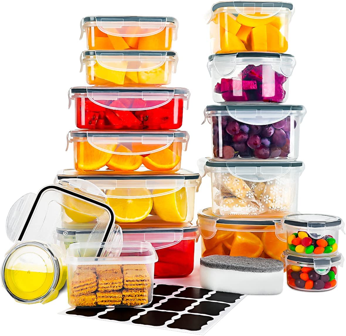 Food Storage Containers, Set of 30 (15 Containers and 15 Snap Lids), Plastic Food Containers with Lids and Labels, Leak Proof & BPA-Free, Suitable for Dishwasher, Freezer, Microwave