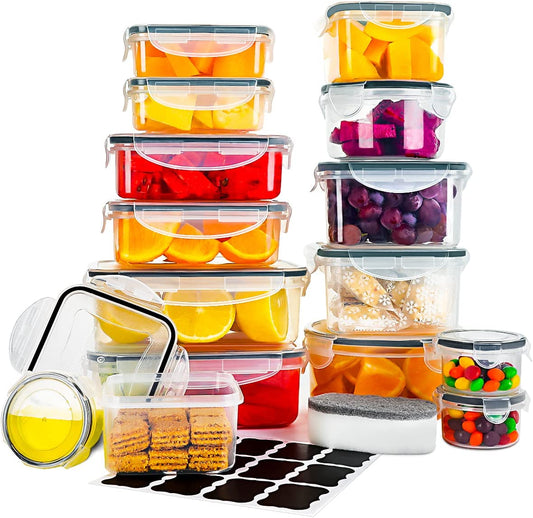 Food Storage Containers, Set of 30 (15 Containers and 15 Snap Lids), Plastic Food Containers with Lids and Labels, Leak Proof & BPA-Free, Suitable for Dishwasher, Freezer, Microwave