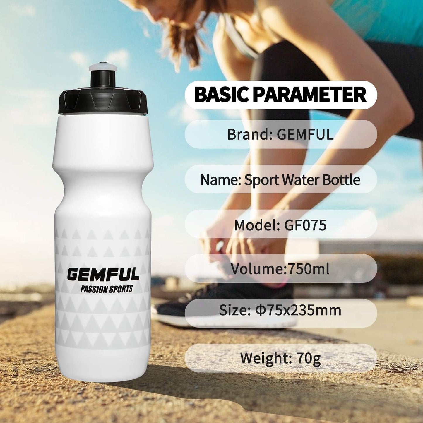 GEMFUL Bike Water Bottle BPA Free 750ml 2 Pack (Black+white)