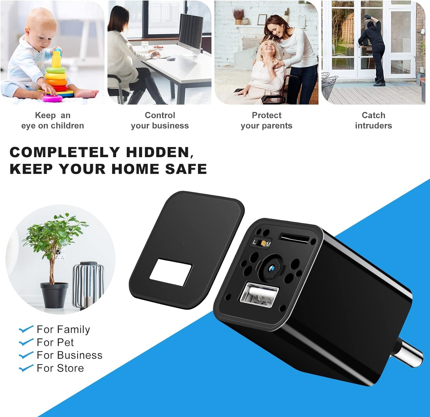 Mini Camera Spy Wireless, 1080P FHD Hidden Camera with Motion Sensor, Charger with Spy Camera, Camouflaged, Spycam, Video Recording Including Sound, Mini Surveillance Camera with 32G SD Card