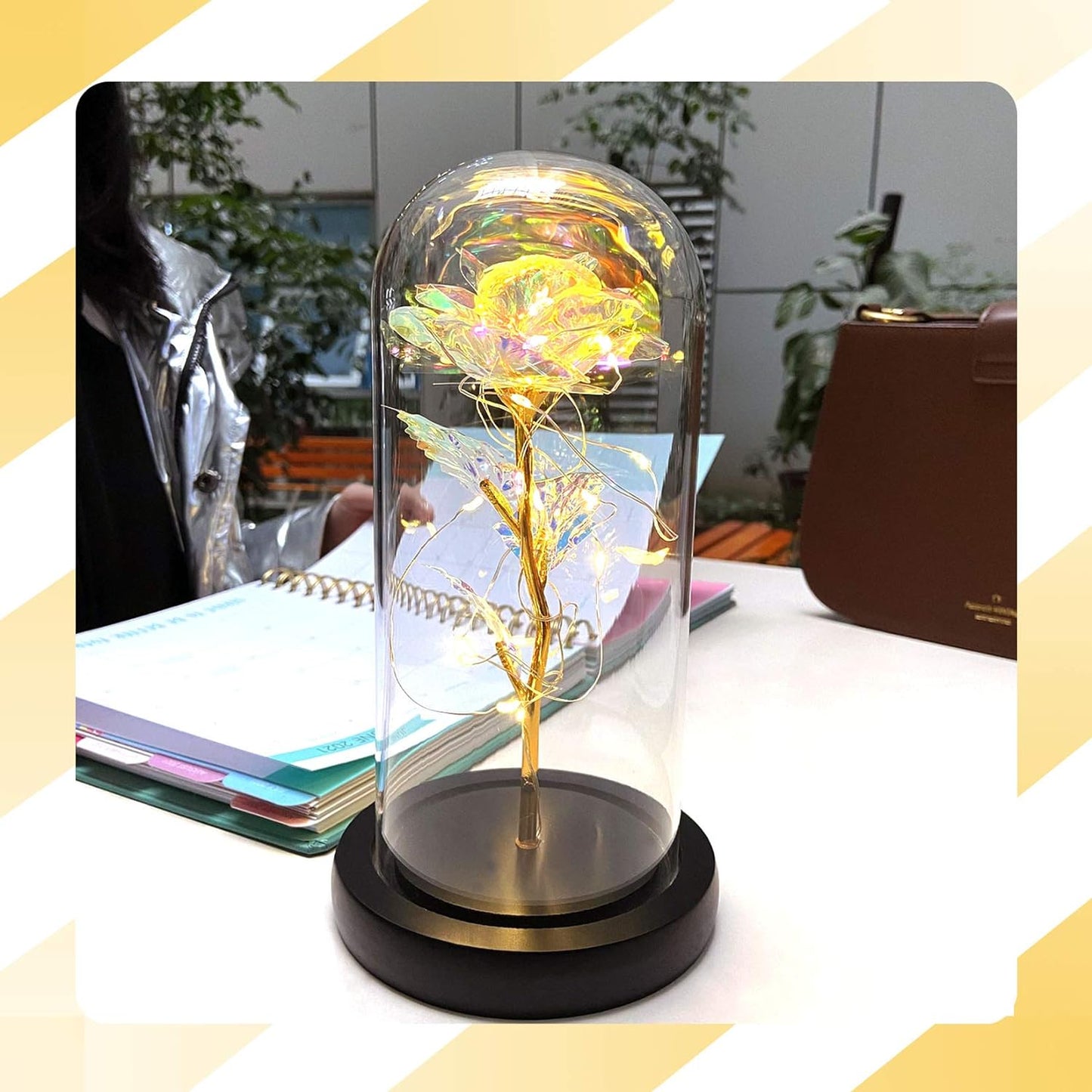 Artificial Rose Immortal Flowers Colourful Golden with Glass Dome and LED String Birthday Wedding Anniversary Romantic Gift for Lovers Parents Friends