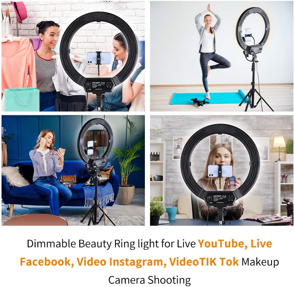 18-inch LED Ring Light By K&F Concept with 3 Cold Shoe Interfaces for Phones, Microphones and Power Bank, 2.37M Tripod Stand, Bi-color 3200-6500K Dimmable with Bluetooth Receiver for TikTok YouTube Video