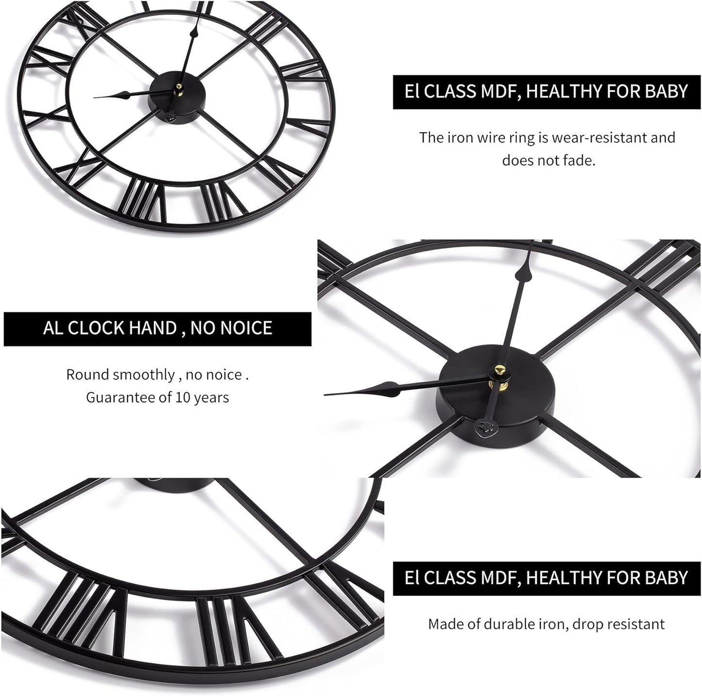 Large Wall Clock Metal Retro Roman Numeral Clock, Modern Round Wall Clocks Almost Silent, Easy to Read for Living Room/Home/Kitchen/Bedroom/Office/School Decor (Black, 24 Inch)