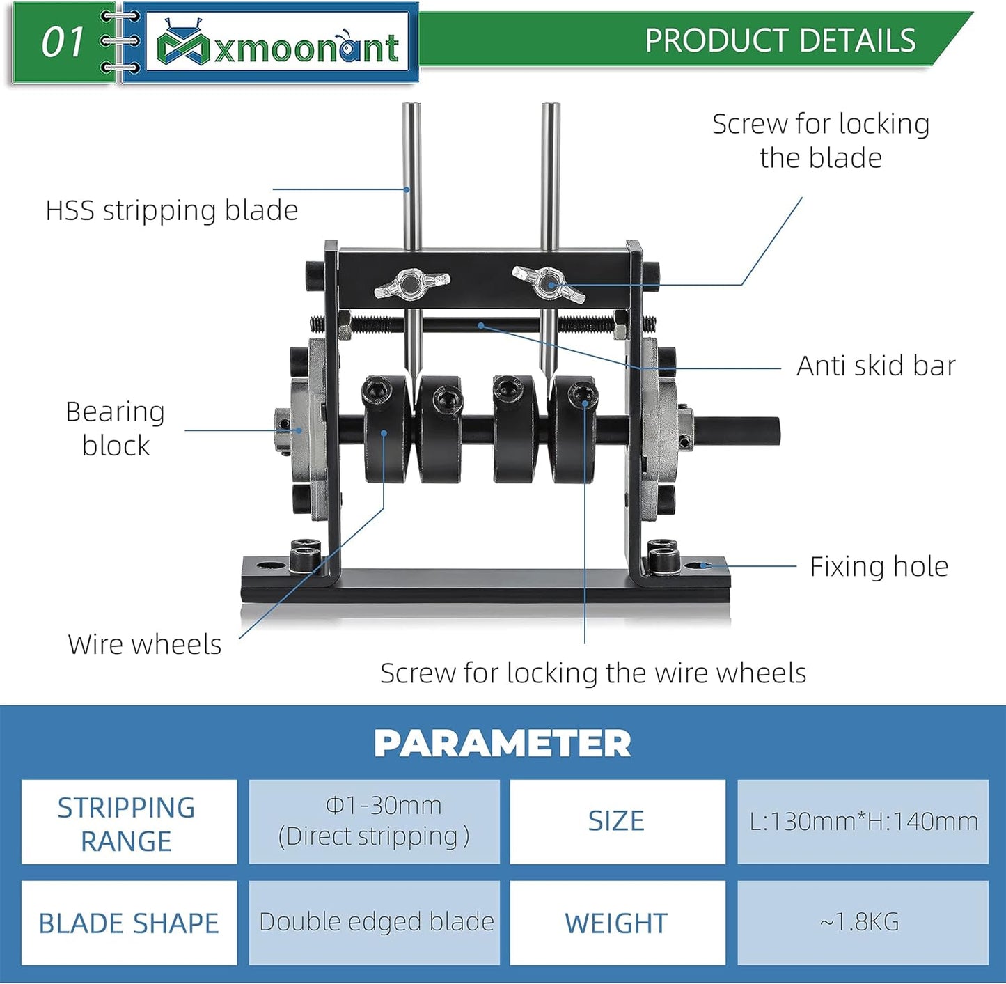 Stripping Tool by Mxmoonant 0-30mm for Copper Recycle, Wire Pulling Strpper, with G Type Fixing Clasp & 4 Blades in Total, Drill Connectable (4 Wheels)