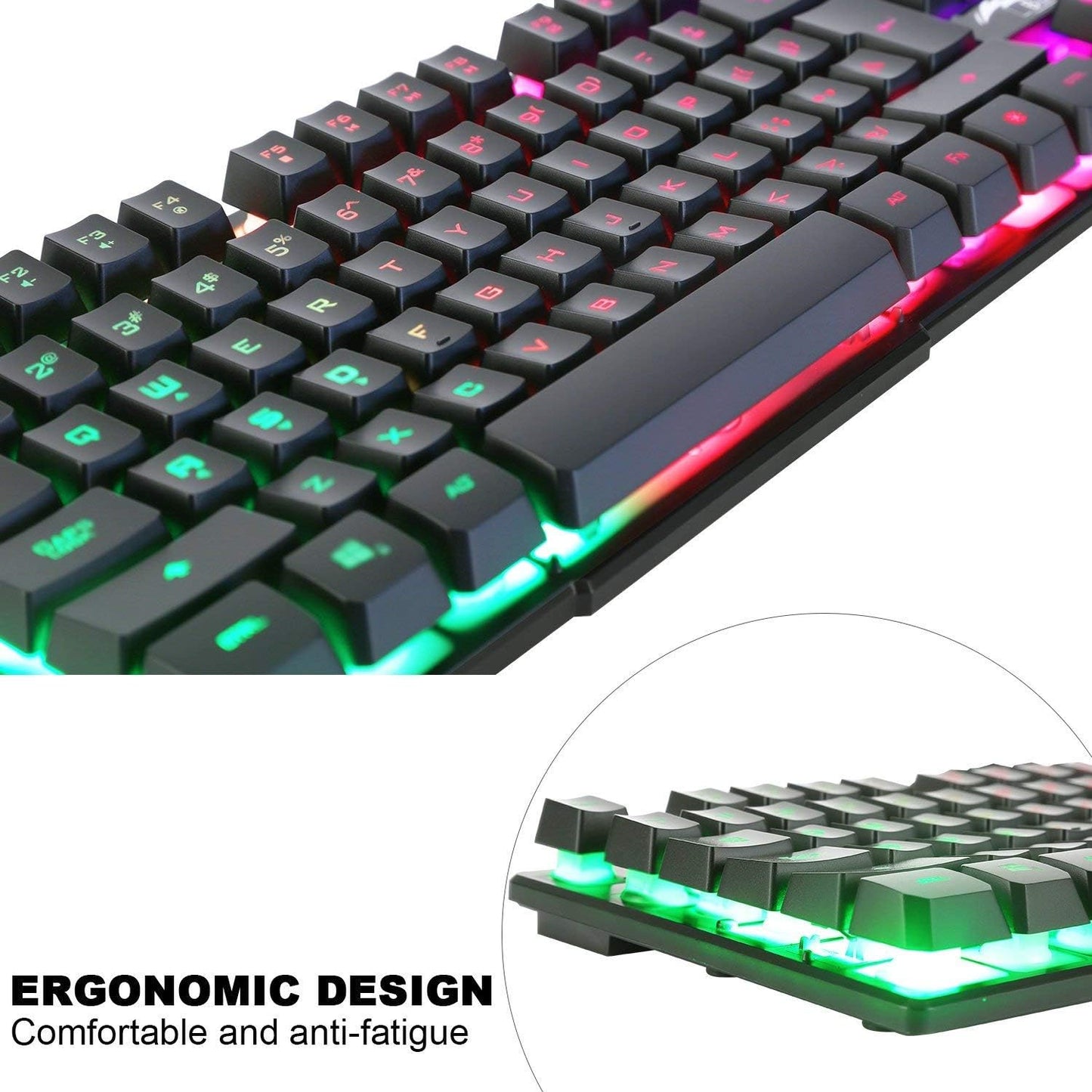 LED Backlit 7 Colors Brightness USB Waterproof Gaming Keyboard and Mouse Set, QWERTY DE Layout, Mouse with 2400DPI + Durable Mouse Pad