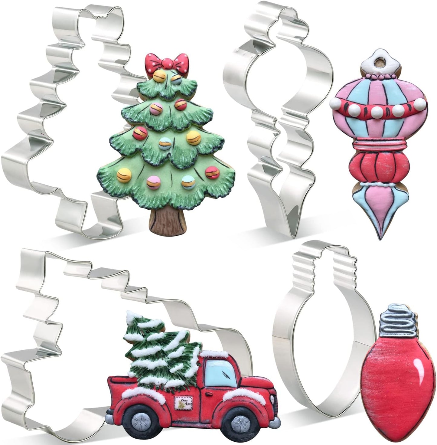 Christmas Cookie Cutters Set - 4 Pieces - Van with Christmas Tree, Christmas Tree with Bow, Christmas Bulb and Christmas Decoration Fondant Cookie Cutter - Stainless Steel