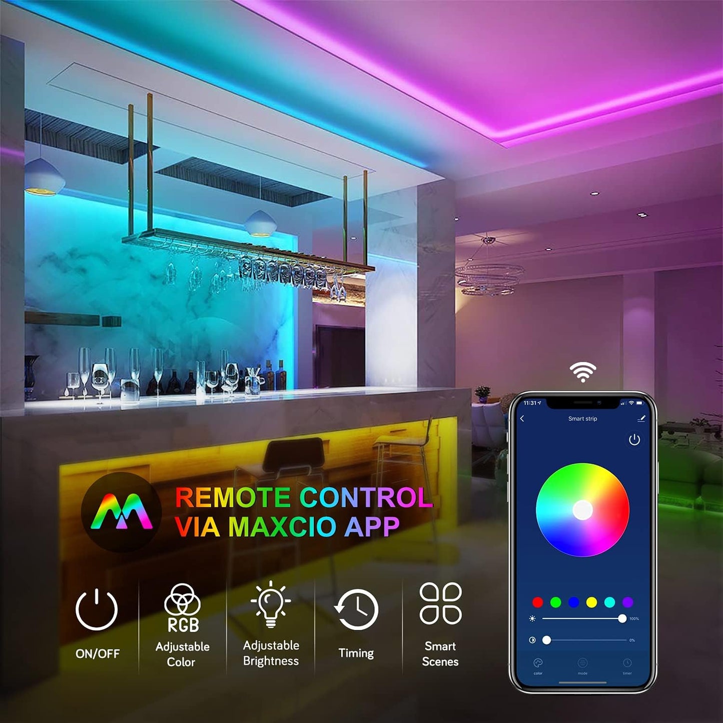 Led Strip Light, Maxcio 10m Led Light Strips Work Alexa and Google Assistant,Smart WiFi App Control with Music Sync Mode,Flexible 5050 RGB Colour Changing Led Lights with 44-Keys Remote for Home Party