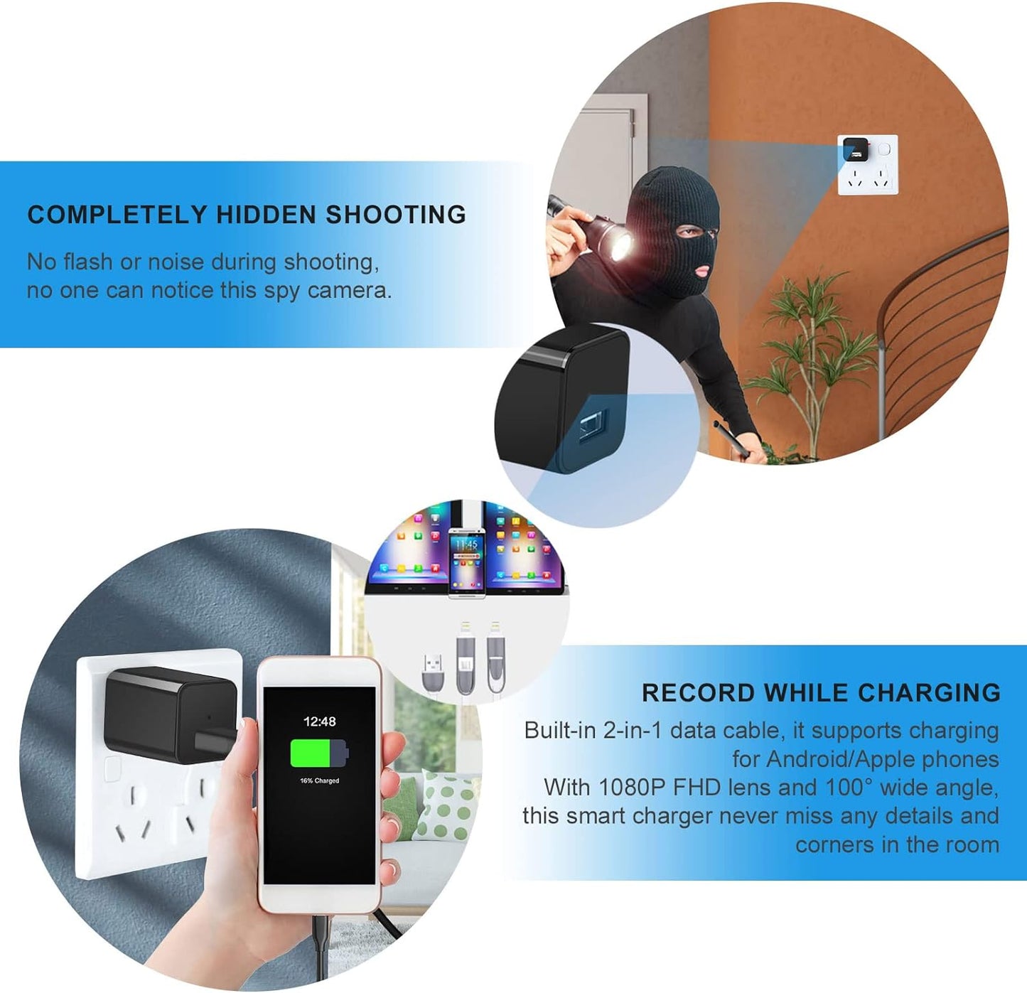 Mini Camera Spy Wireless, 1080P FHD Hidden Camera with Motion Sensor, Charger with Spy Camera, Camouflaged, Spycam, Video Recording Including Sound, Mini Surveillance Camera with 32G SD Card