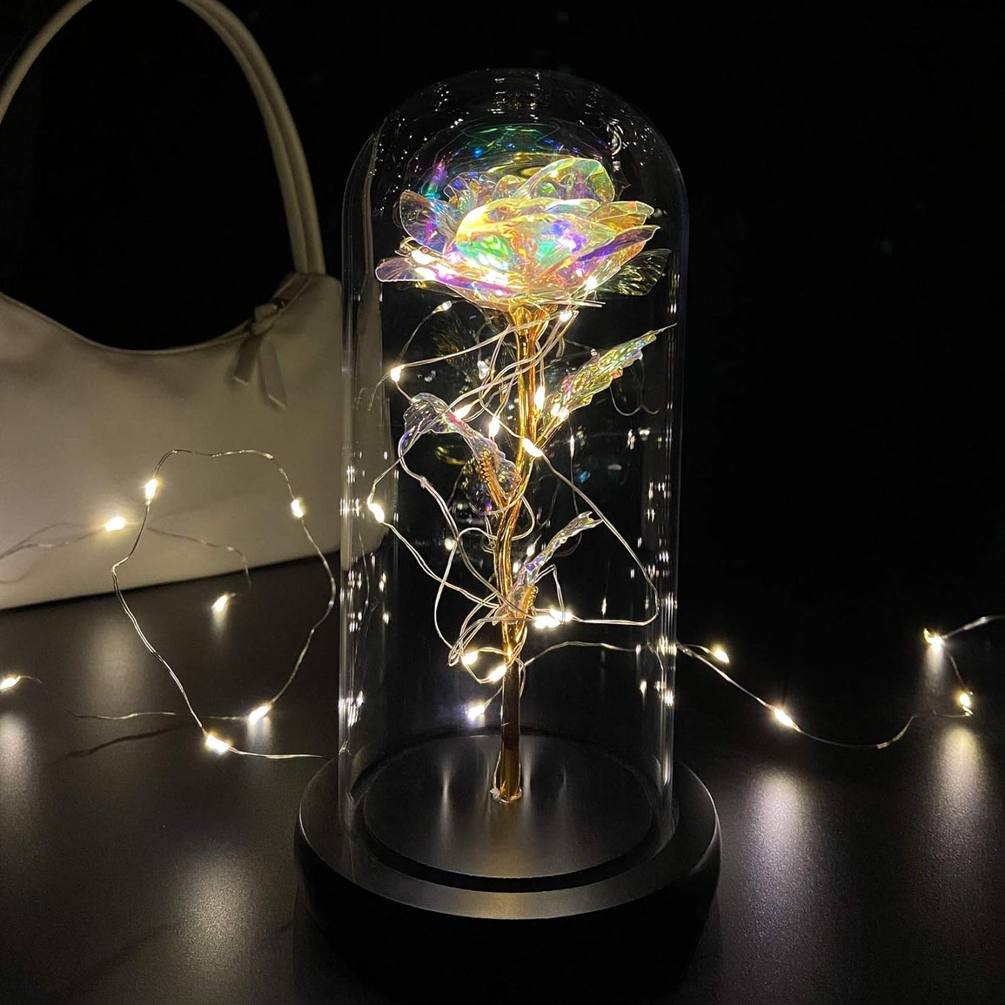 Artificial Rose Immortal Flowers Colourful Golden with Glass Dome and LED String Birthday Wedding Anniversary Romantic Gift for Lovers Parents Friends