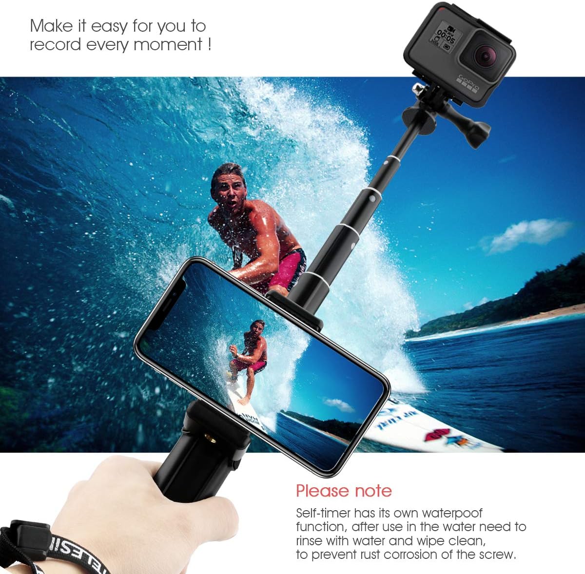 Selfie Stick Tripod for GoPro, Waterproof Aluminum Alloy Pole, Lightweight Adjustable Monopod with Rotating Clip and Tripod Stand for for GoPro 12/11/10/9/8/7/6, DJI Osmo Action Camera,phone