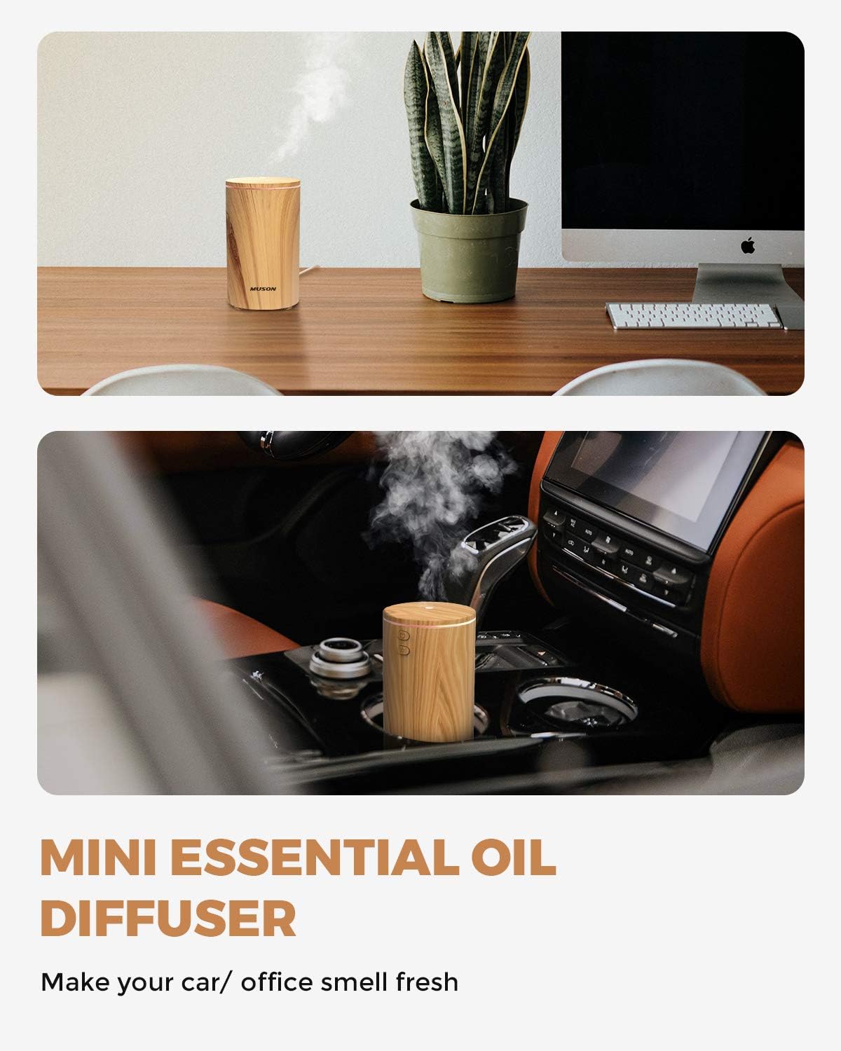 Mini Essential Oil Diffuser Aroma Cool Mist Humidifier for Car Office Travel with Colorful Mood Lights, USB Powered, Ultra Quiet, Auto Shutoff, 100 ml, Wood Grain