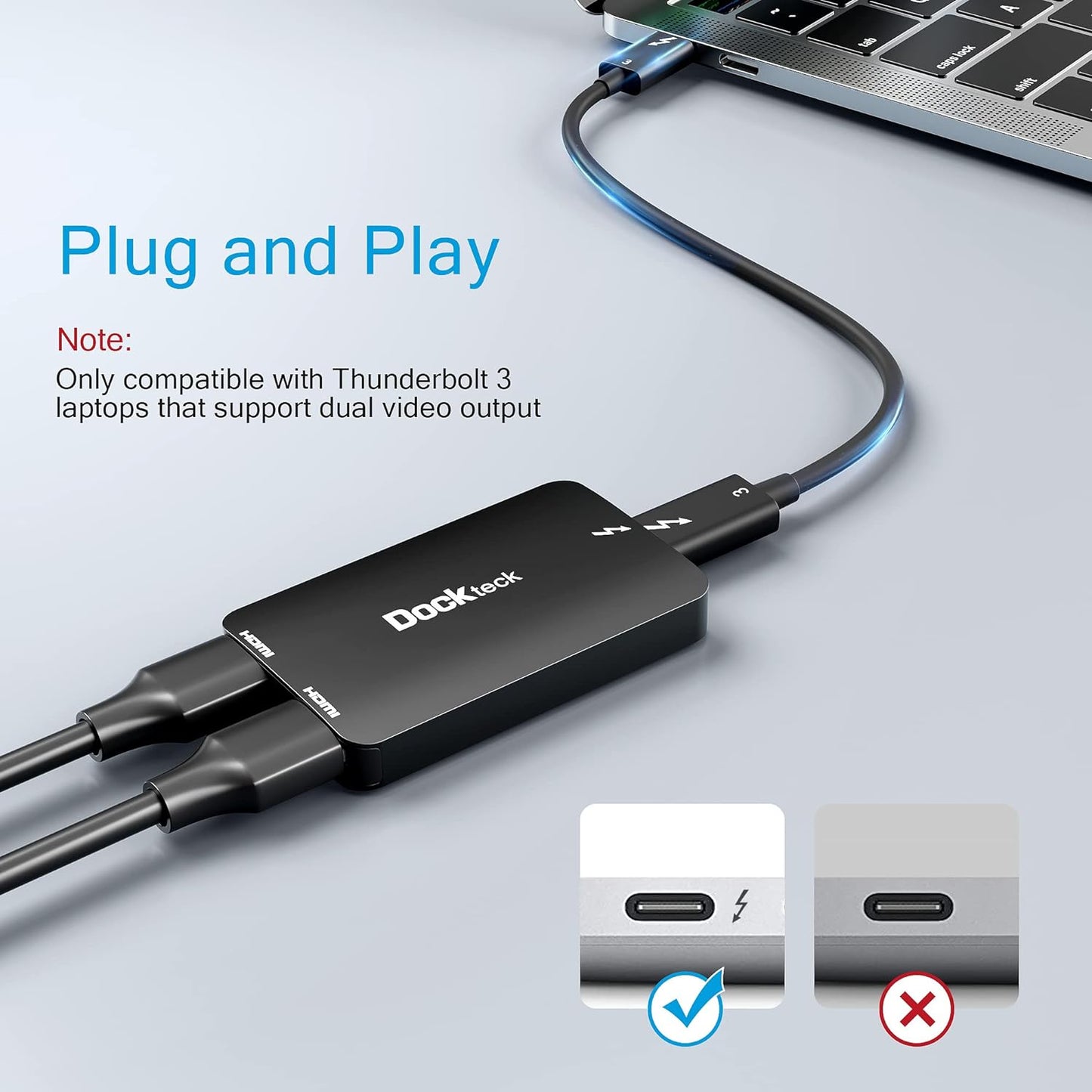 dockteck Thunderbolt 3 to Dual HDMI 2.0 Display Adapter - Up to 4K @ 60Hz Monitors, Intel Thunderbolt 3 Certified, Compatible with Mac and Some Windows Systems