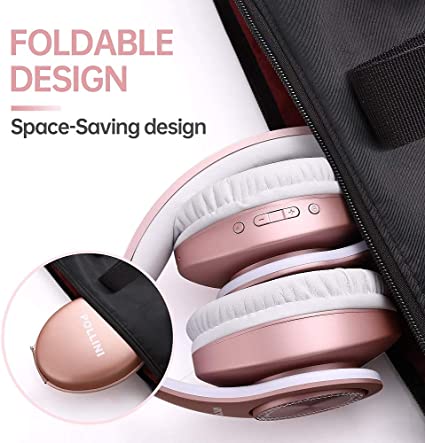 Bluetooth Headphones Wireless by Pollini 40H Playtime Foldable Over Ear Headphones with Microphone, Deep Bass Stereo Headset with Soft Memory-Protein Earmuffs for iPhone/Android Cell Phone/PC(Rose Gold)