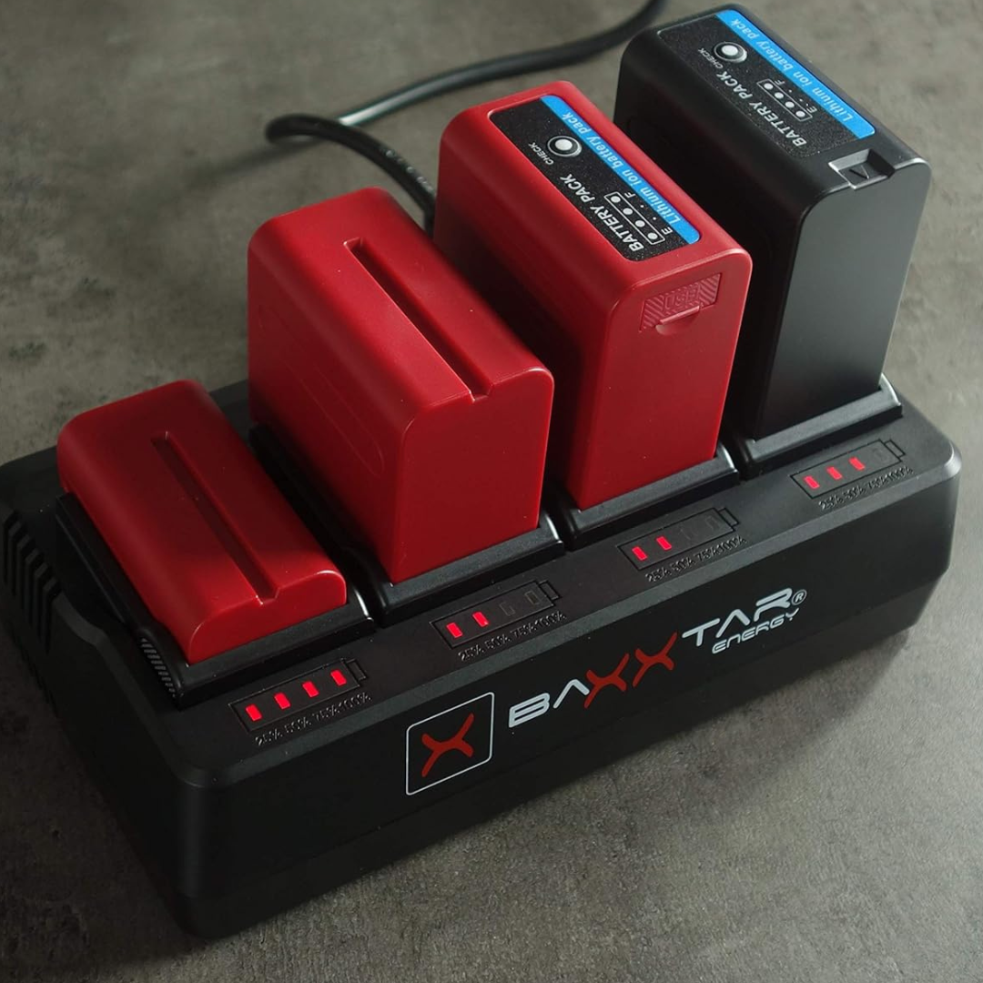 Baxxtar Pro, 4 channel charger (2A per slot) - compatible with all batteries in the Sony NP-F series NP-F550 NP-F750 NP-F970 NP-F990 NP-FM500H etc.