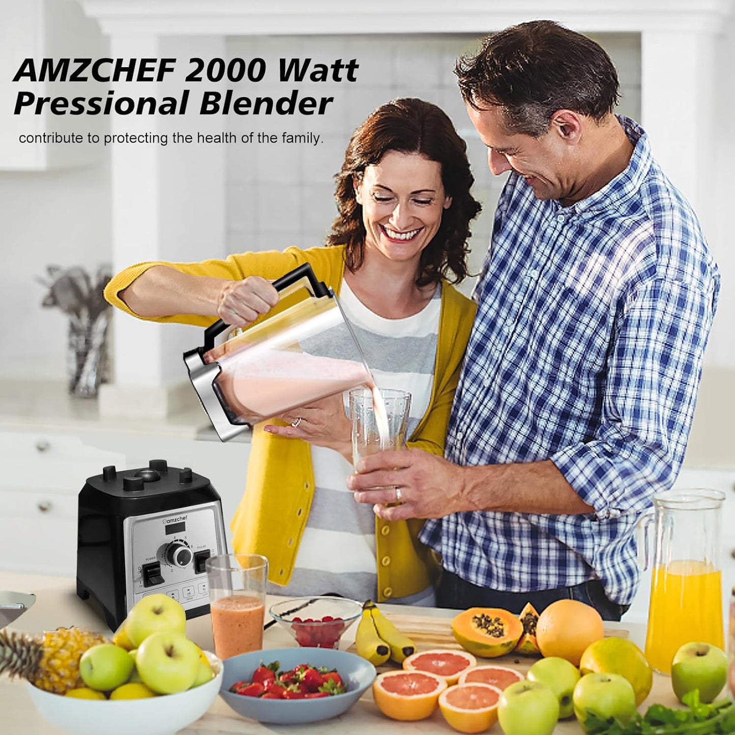 Professional Blender By AMZCHEF 2000W, Multifunction Blender for Smoothies with 4 Preset Programs and 8 Adjustable Speeds, 25000 turn/min, 2 Liter, BPA Free, Recipe [Energy efficiency class A +++]