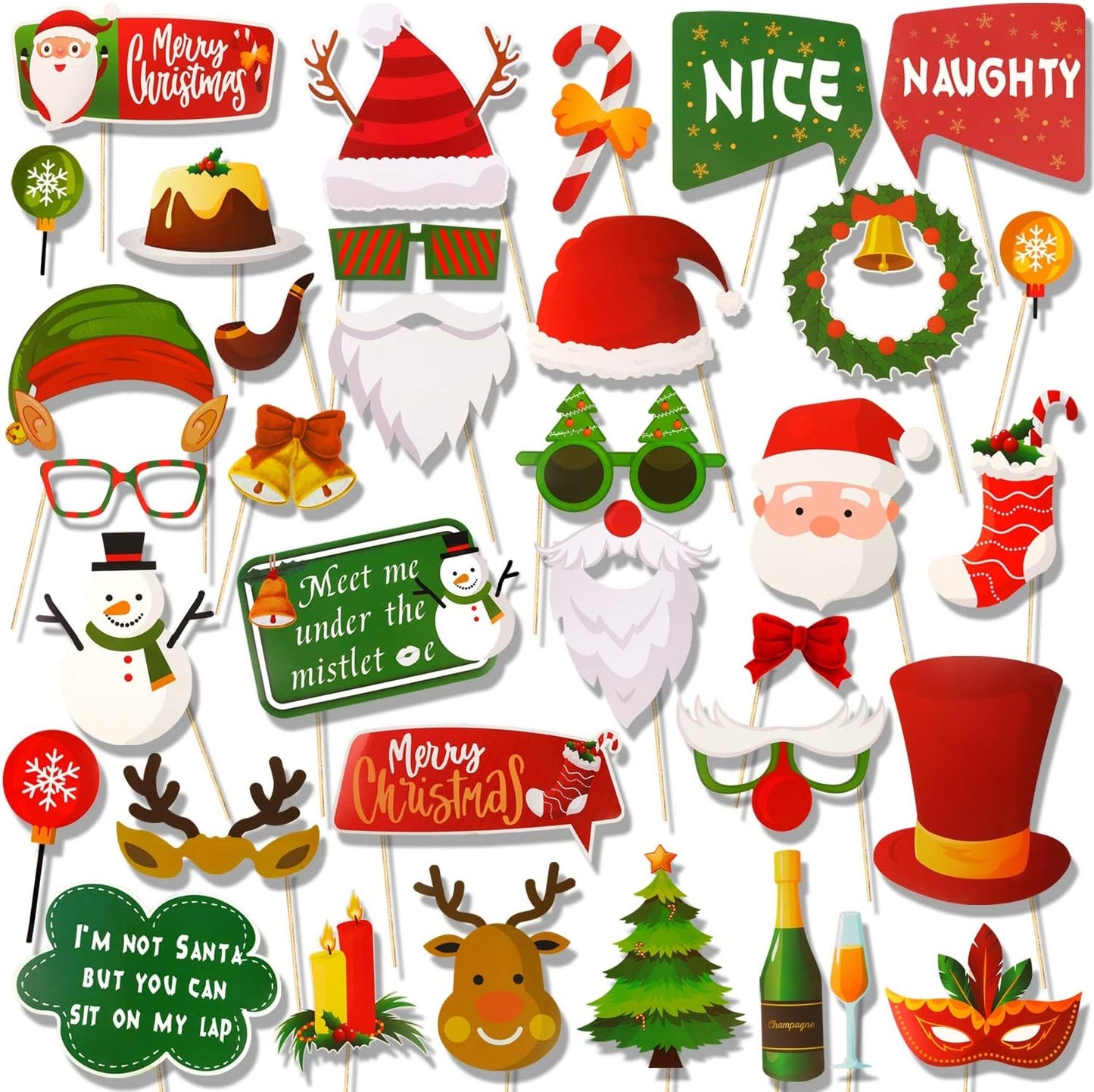 Christmas Photo Booth Props Kit (36Pcs), Qpout DIY Christmas Photo Booth with Stick Funny Christmas Selfie Props for Christmas Theme Party Favors Decorations Decor Supplies