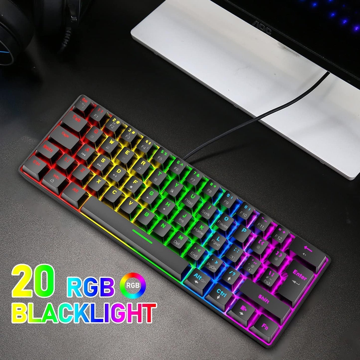 Keyboard, 60% Wired Mechanical Gaming Keyboard and Mouse Combo,Ultra-Compact Mini 62 Keys,Type C Chroma 20 Rainbow Backlit Effects,RGB Backlit 6400 DPI Lightweight Gaming Mouse with Honeycomb Shell for PC/Mac