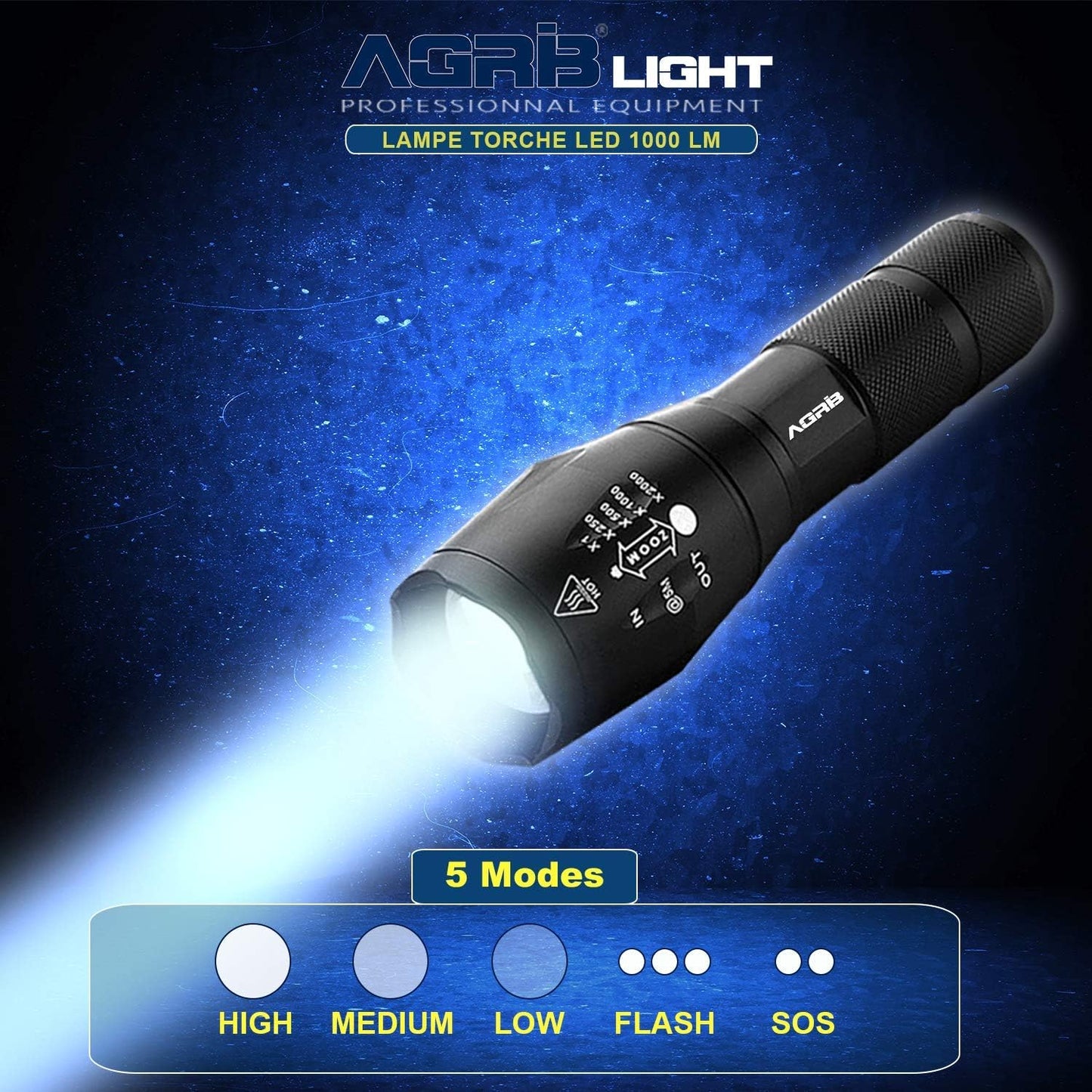 LED Flashlight By AGRIB Ultra Powerful 1000 Lumens [2 Pack] Flashlight - Long Range Zoom, 5 Modes, Anti-Shock and Waterproof - Tactical Flashlight for DIY and Extreme Conditions - Free Cases