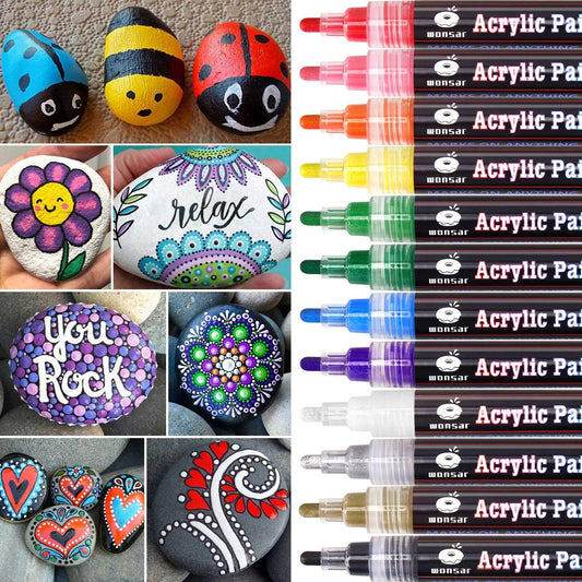 Acrylic Paint Pens for Rock Painting Stones Ceramic Porcelain Glass Pebbles Fabric Wood Kids DIY Canvas (12 Medium Tip)