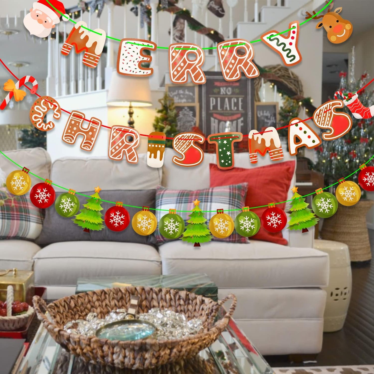 Merry Christmas Banner, Christmas Bunting Flags Hanging Garlands for Fireplace Picture Outdoor Indoor Decoration Home Photo Prop Decor Xmas Party Decoration Favors Supplies