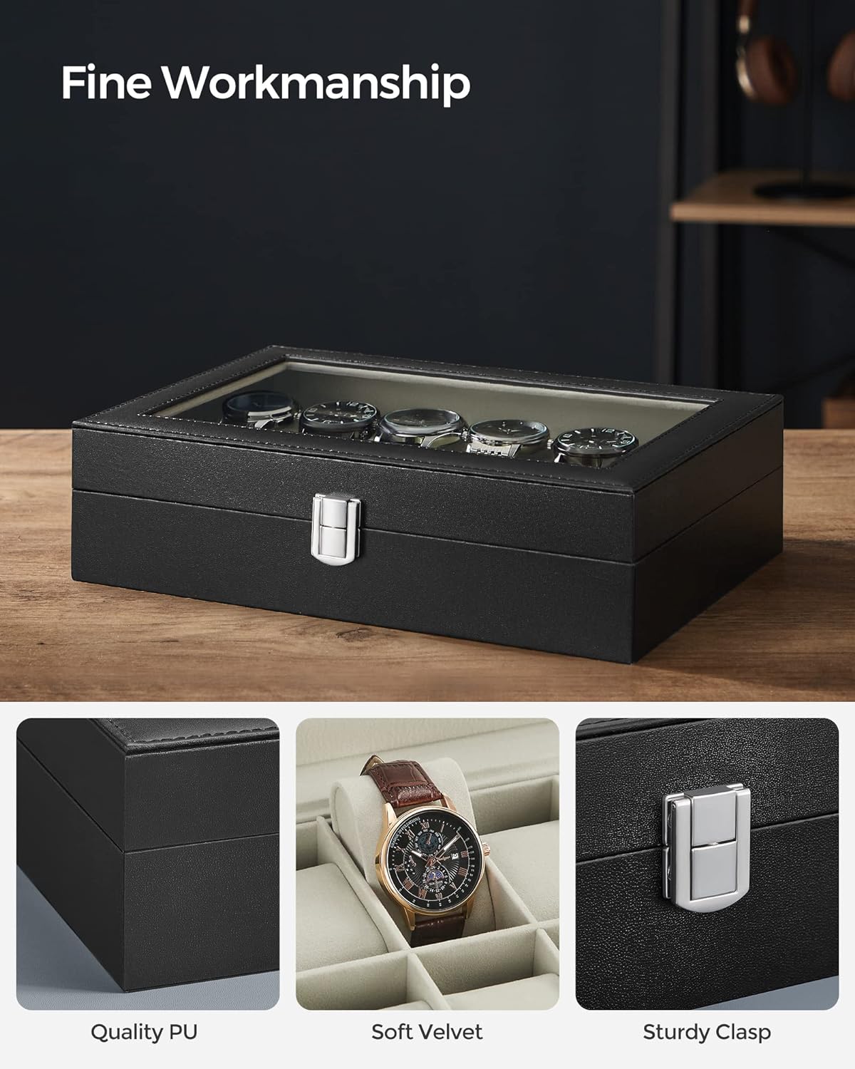 SONGMICS Watch Box with 12 Slots, Watch Case with Glass Lid, Watch Display Box with Removable Watch Pillows, Metal Clasp, Gift Idea, Black Synthetic Leather, Greenish Beige Lining JWB12BE