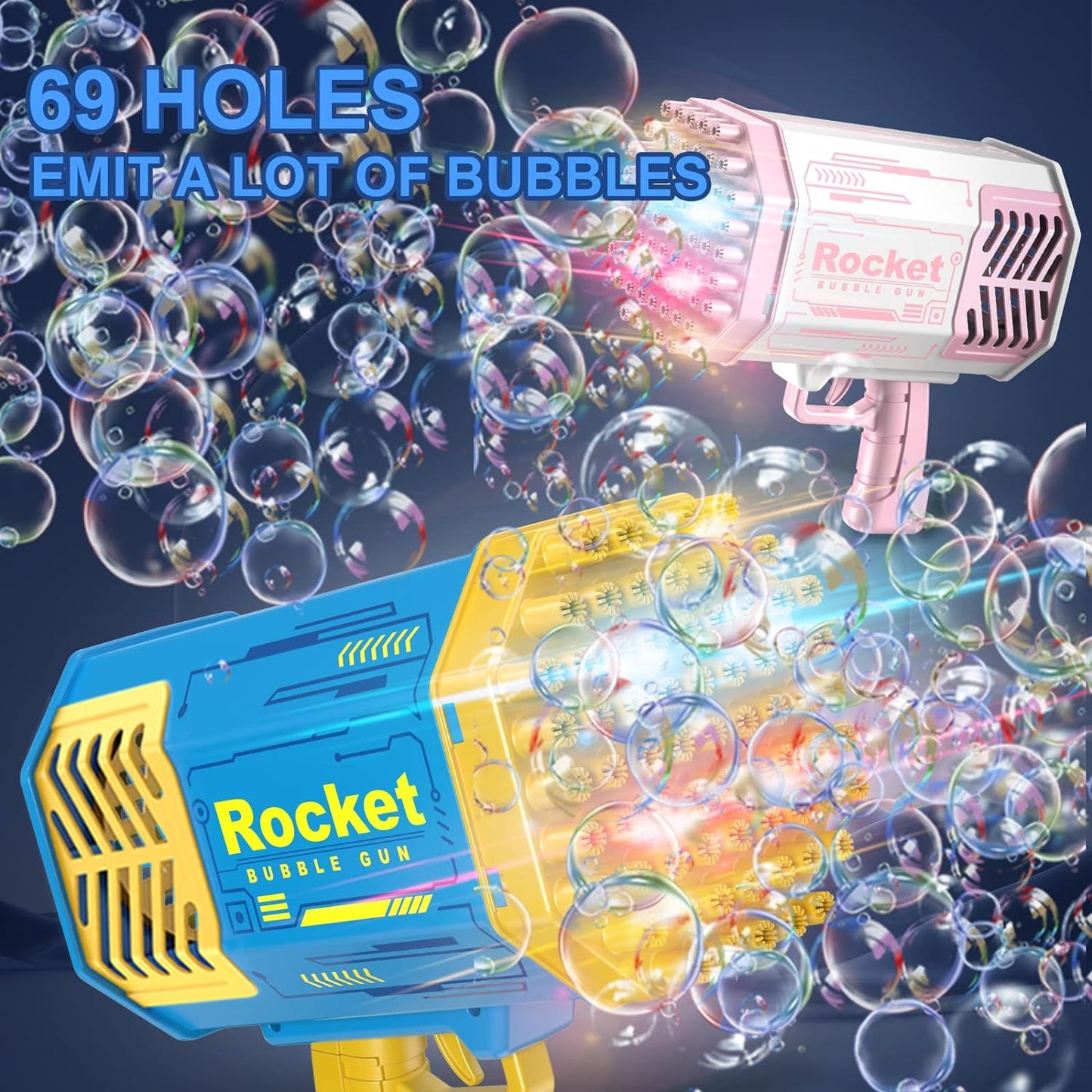 Bubble Gun, 69 Holes Automatic Bubble Machine, Bubble Gun with 100 ml Soap Bubbles Liquid, Bubble Maker for Children, Girls, Adults (Blue)