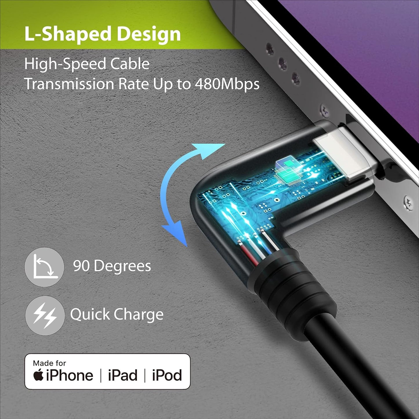 Bike Phone Charger Kit, Bike Accessories for Phone Charging [MFi Certified] 90 Degree L-Shape Design 2.4A Lightning to USB-A Cable, Apple Charger for iPhone 13 12 11 Pro Max X XR XS Max 8 8 Plus