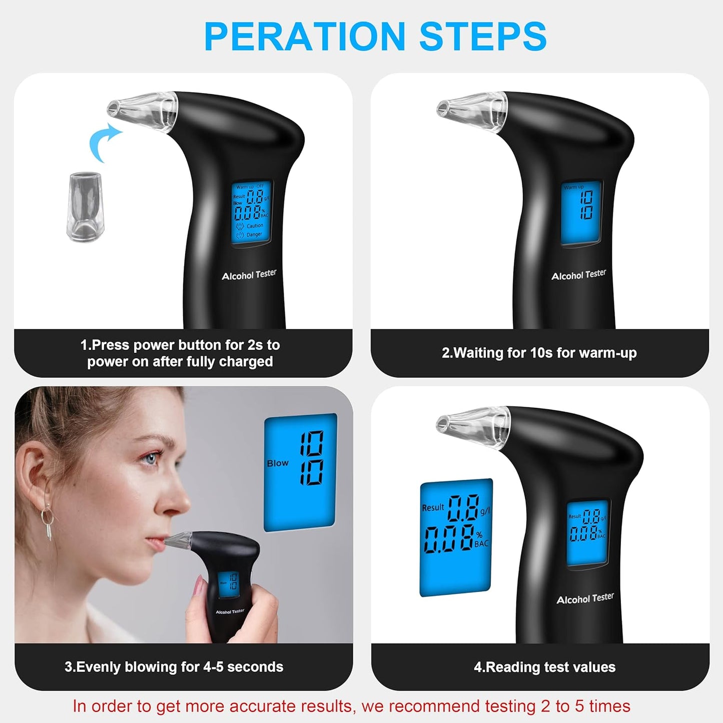 Portable Breathalyzer to Test Alcohol, Professional Digital Alcohol Tester with 12 Mouthpieces, Blue LCD Screen, Quick Response, Auto Power Off