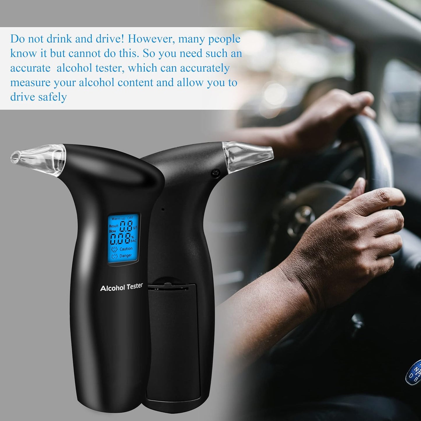 Portable Breathalyzer to Test Alcohol, Professional Digital Alcohol Tester with 12 Mouthpieces, Blue LCD Screen, Quick Response, Auto Power Off