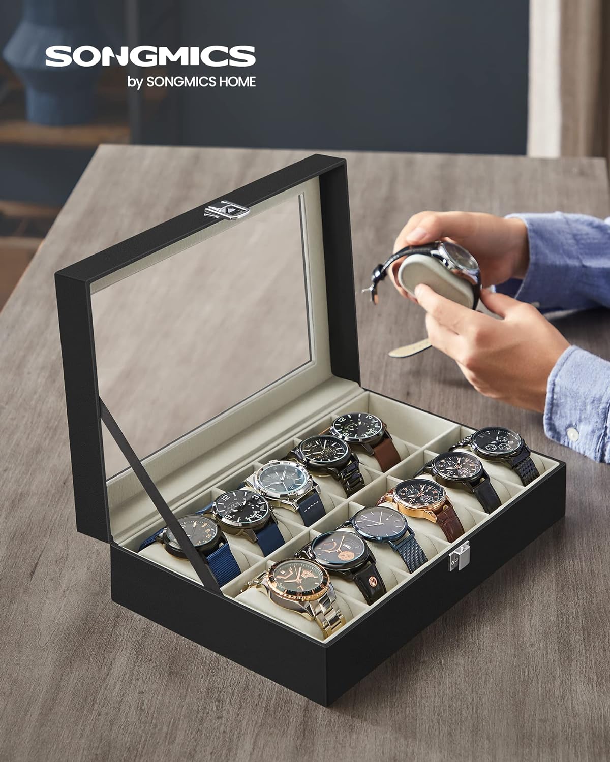 SONGMICS Watch Box with 12 Slots, Watch Case with Glass Lid, Watch Display Box with Removable Watch Pillows, Metal Clasp, Gift Idea, Black Synthetic Leather, Greenish Beige Lining JWB12BE