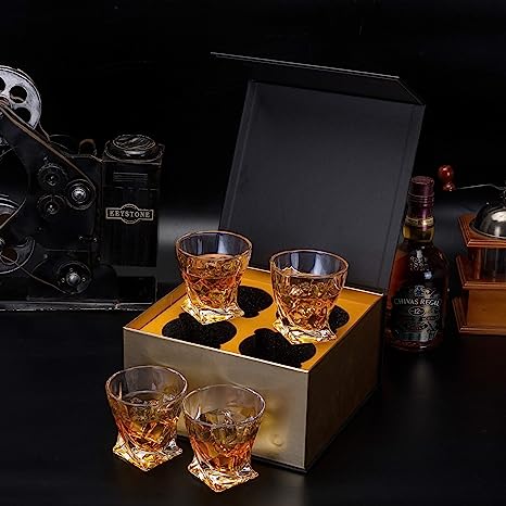 Whiskey Glass Set, No-Lead Crystal Whisky Glasses 300 ml for Cocktail, Cognac, Bourbon, Tequila, Martini, Unique Stylish Gift Box, 4-Piece