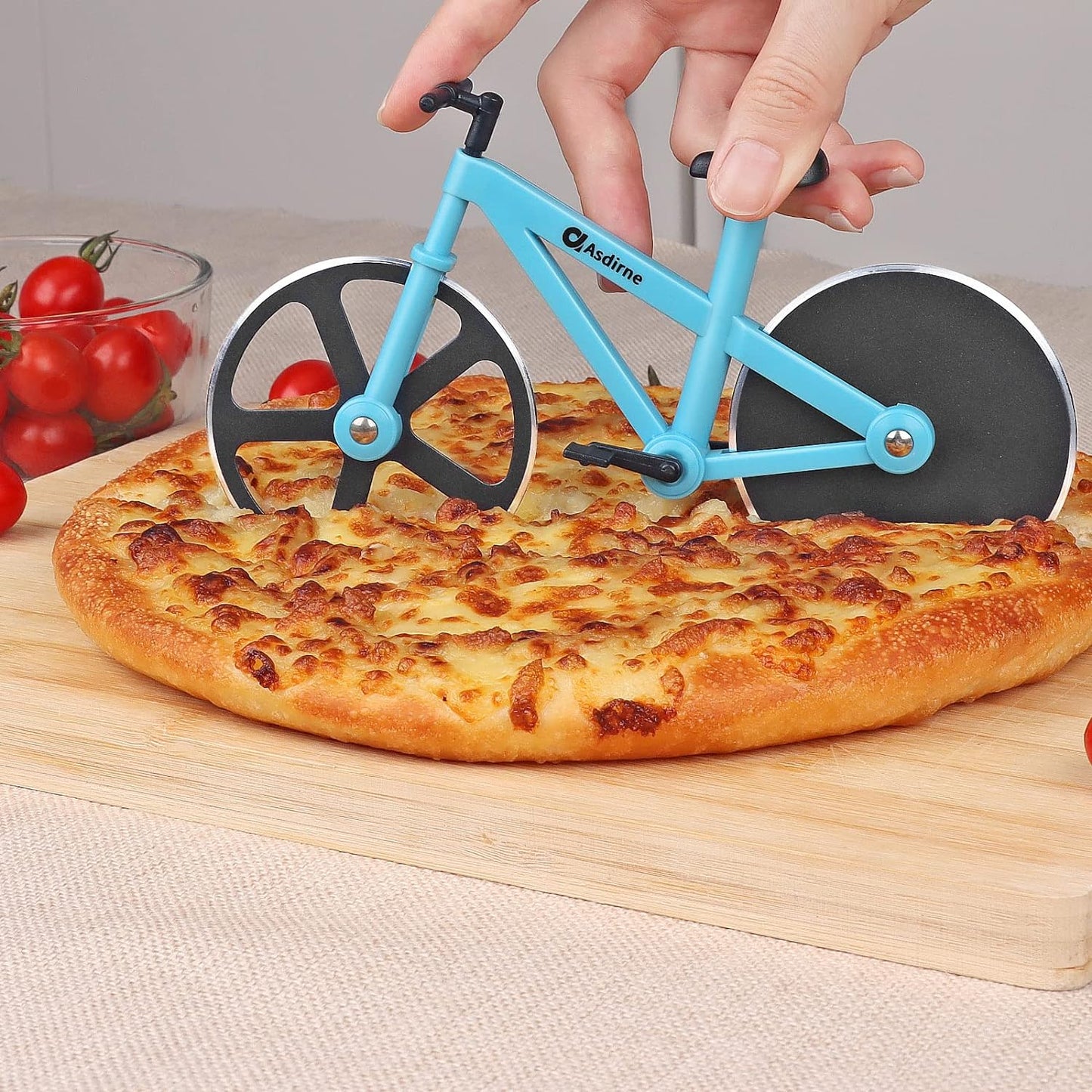 Bicycle pizza wheel pizza cutter with extra sharp blades non-stick stainless steel, innovative gift, 19.5 cm, blue