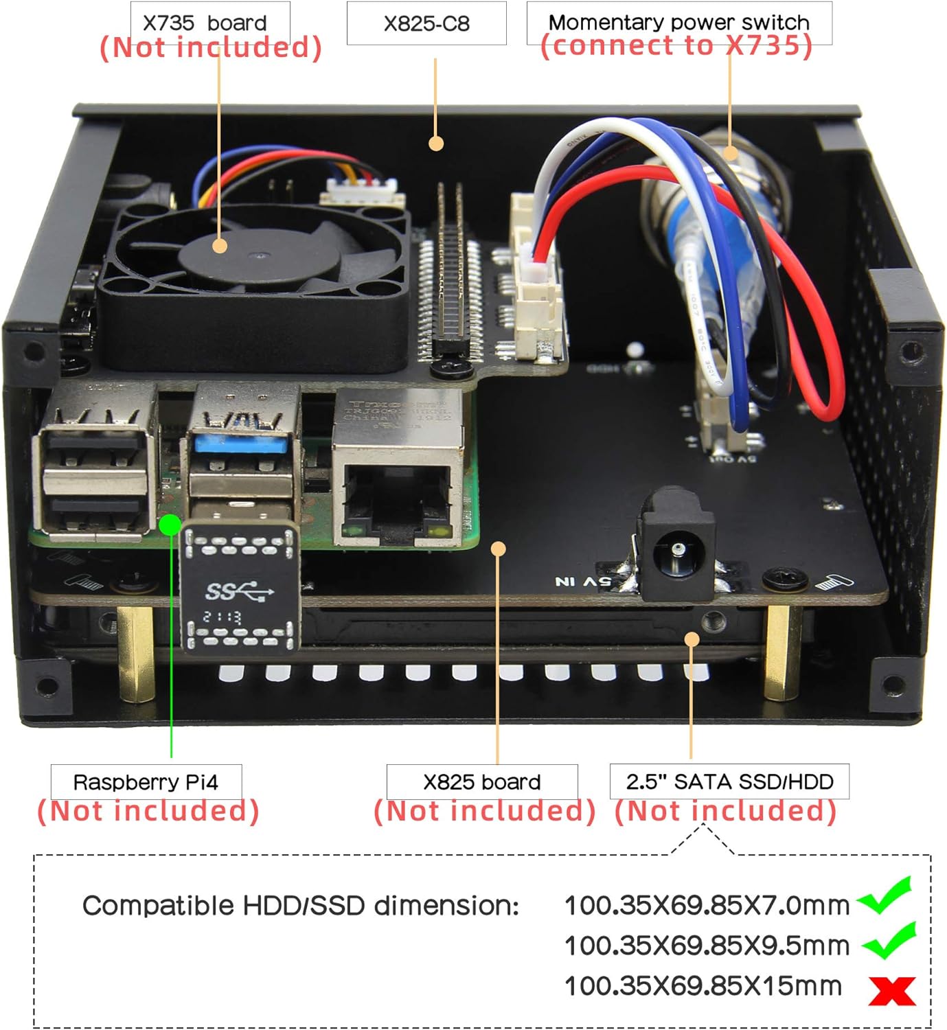 Geekworm X825-C8 Enclosure Only Support X825 V2.0 2.5 Inch SATA SSD/HDD Shield & Raspberry Pi 4 & X735 (Raspberry Pi / X825 / X735 Not Included)