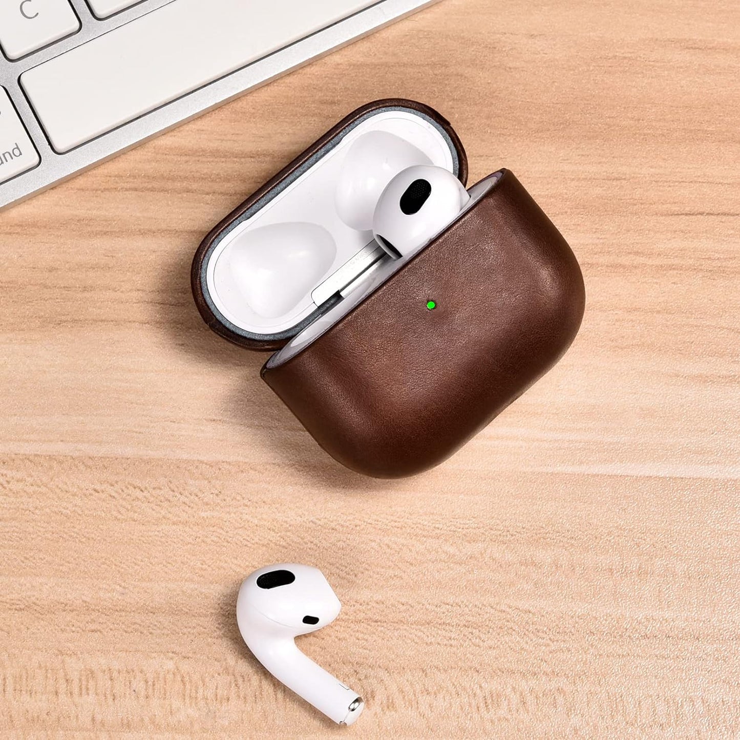 Leather Case for AirPods 3 by ICARERSPACE Premium Genuine Leather Shockproof Protective Case for Apple AirPods 3 Headphones Charging Case (LED Visible) Supports Wireless Charger Brown