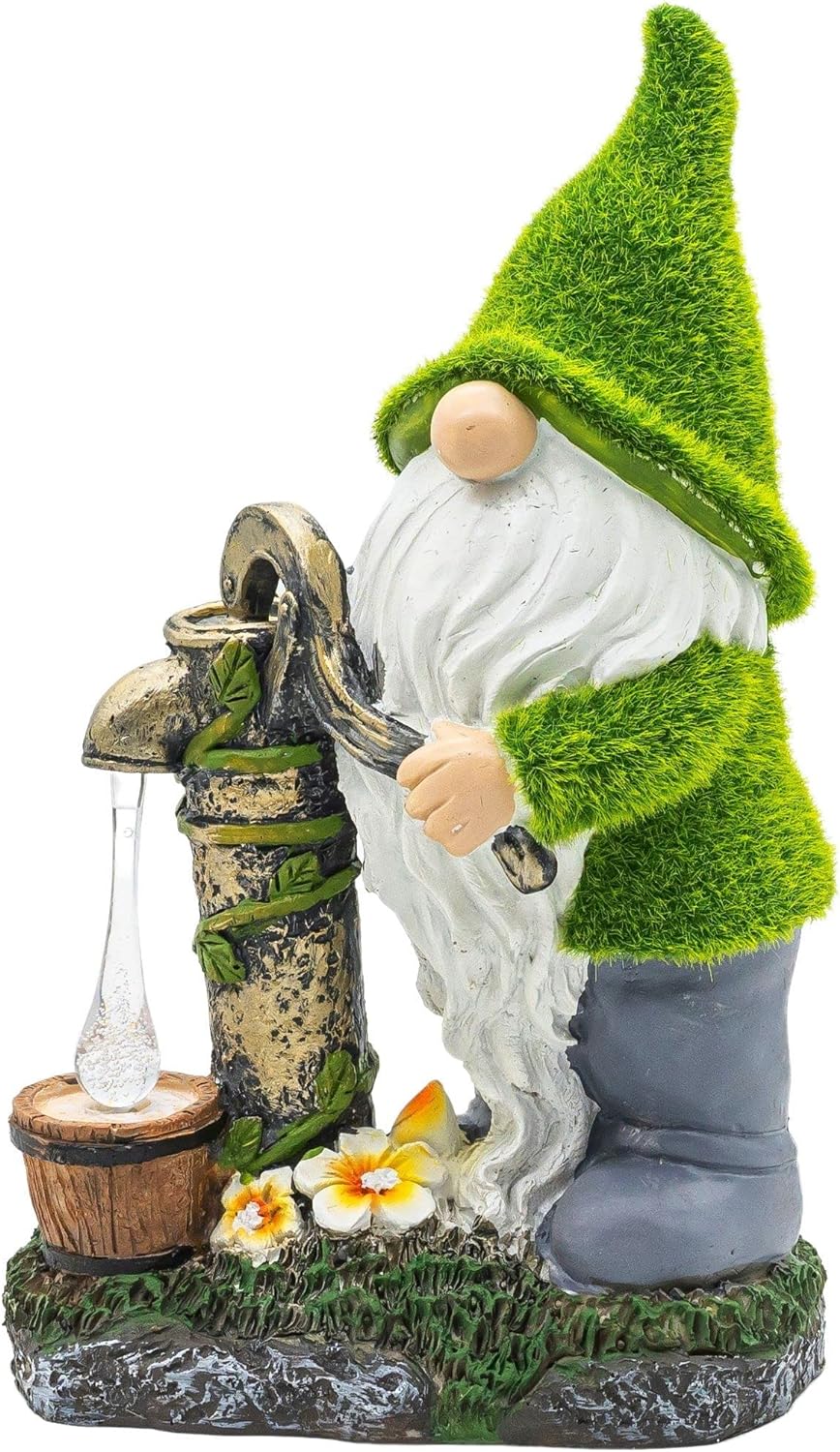 Garden Gnome on the Fountain with Solar Lights Height Approx. 35 cm Garden Figure Polyresin Weatherproof Garden Lighting Solar Decorative Figure for Outdoor Solar Lights