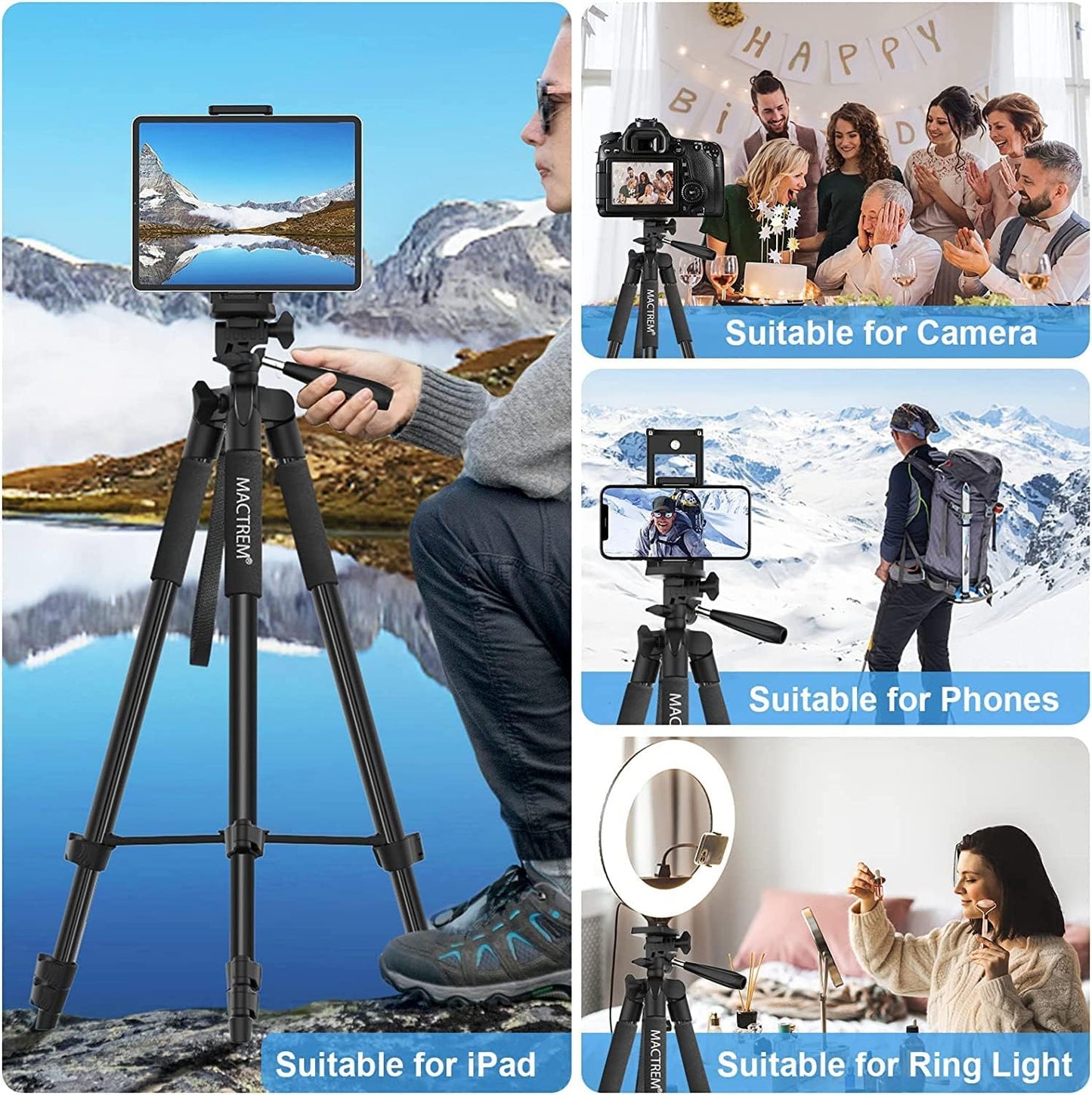 Mactrem 65 Inch Tripod Stand for iPad iPhone Camera with Wireless Remote Control, for Travel/Youtube/Video/Selfie/TikTok