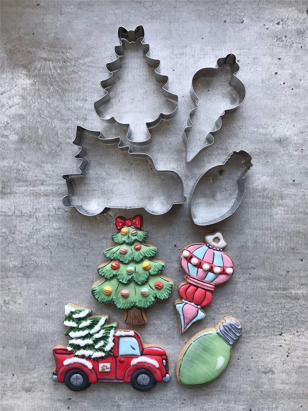 Christmas Cookie Cutters Set - 4 Pieces - Van with Christmas Tree, Christmas Tree with Bow, Christmas Bulb and Christmas Decoration Fondant Cookie Cutter - Stainless Steel