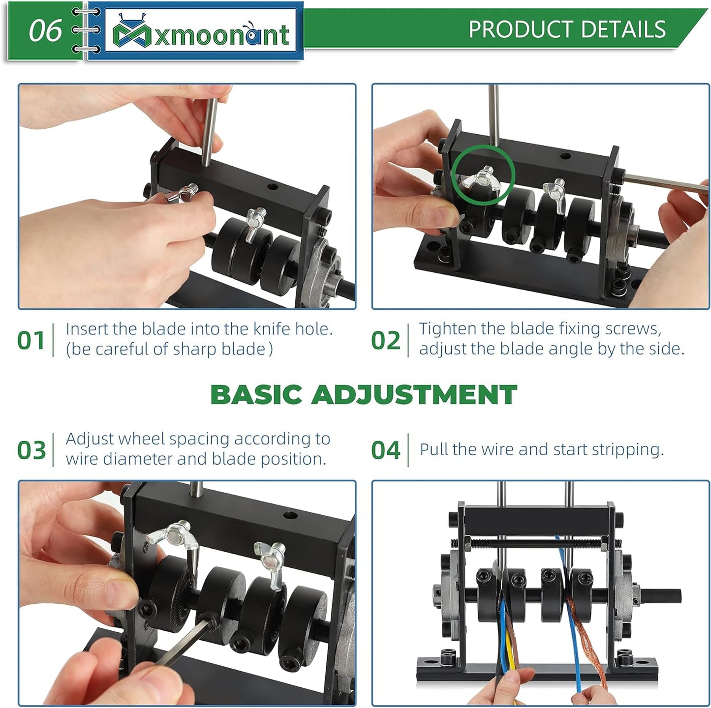 Stripping Tool by Mxmoonant 0-30mm for Copper Recycle, Wire Pulling Strpper, with G Type Fixing Clasp & 4 Blades in Total, Drill Connectable (4 Wheels)