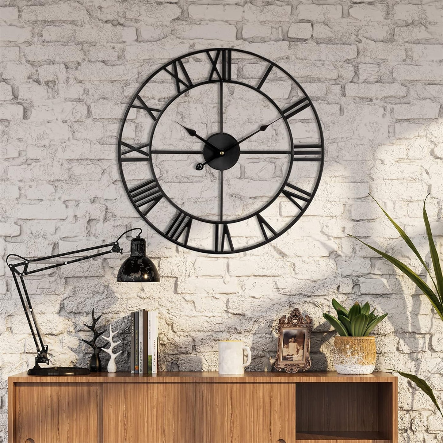 Large Wall Clock Metal Retro Roman Numeral Clock, Modern Round Wall Clocks Almost Silent, Easy to Read for Living Room/Home/Kitchen/Bedroom/Office/School Decor (Black, 24 Inch)