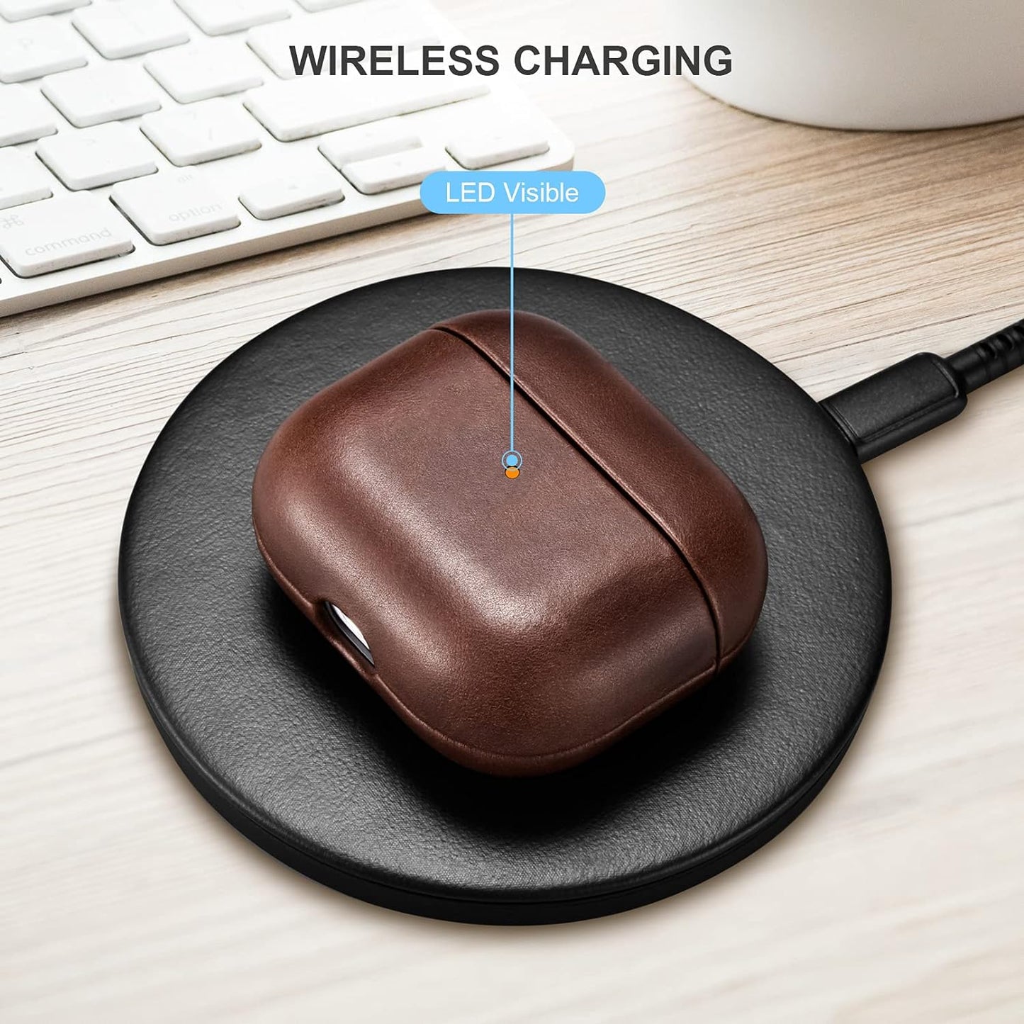 Leather Case for AirPods 3 by ICARERSPACE Premium Genuine Leather Shockproof Protective Case for Apple AirPods 3 Headphones Charging Case (LED Visible) Supports Wireless Charger Brown