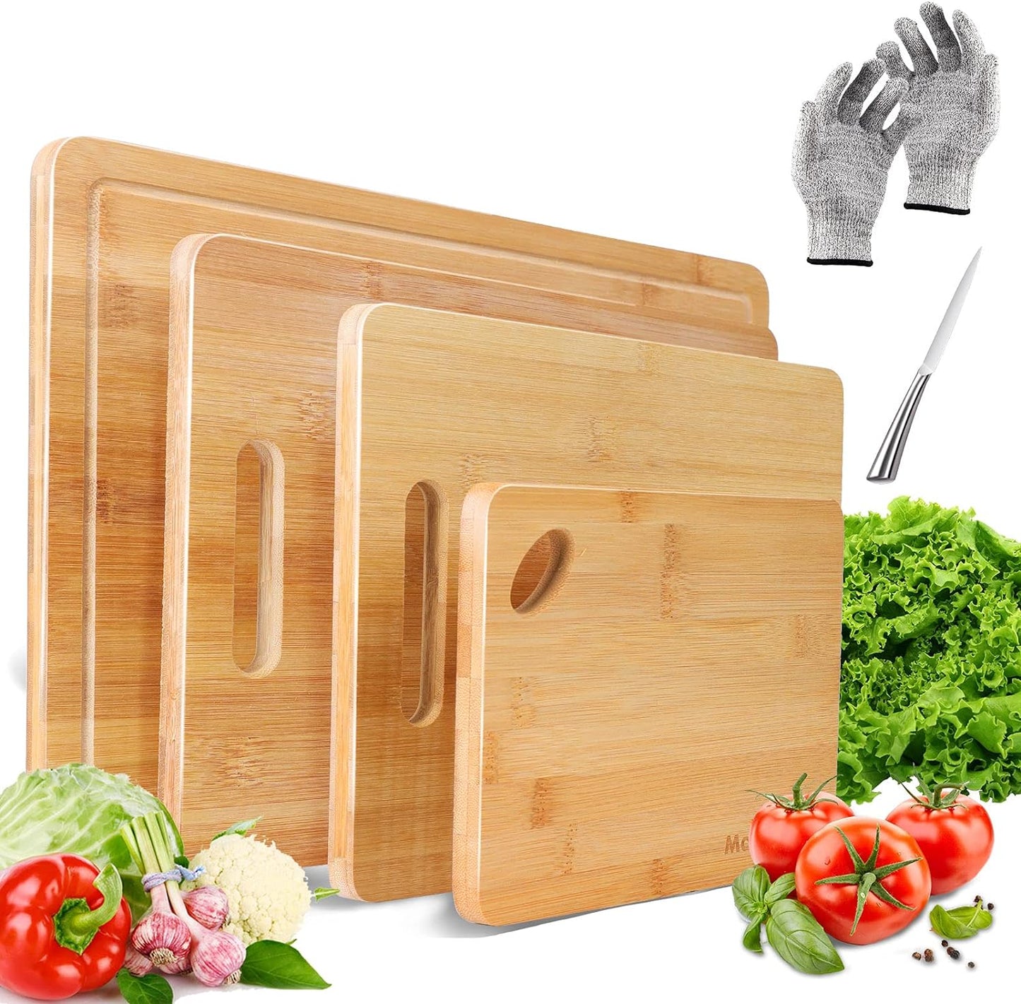 Masthome Set of 4 Bamboo Cutting Boards, Kitchen Cutting Boards with Juice Groove and Handles, Wooden Cutting Board, for Preparing Meat, Vegetables, Fruit and Bread