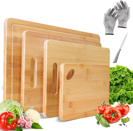 Masthome Set of 4 Bamboo Cutting Boards, Kitchen Cutting Boards with Juice Groove and Handles, Wooden Cutting Board, for Preparing Meat, Vegetables, Fruit and Bread