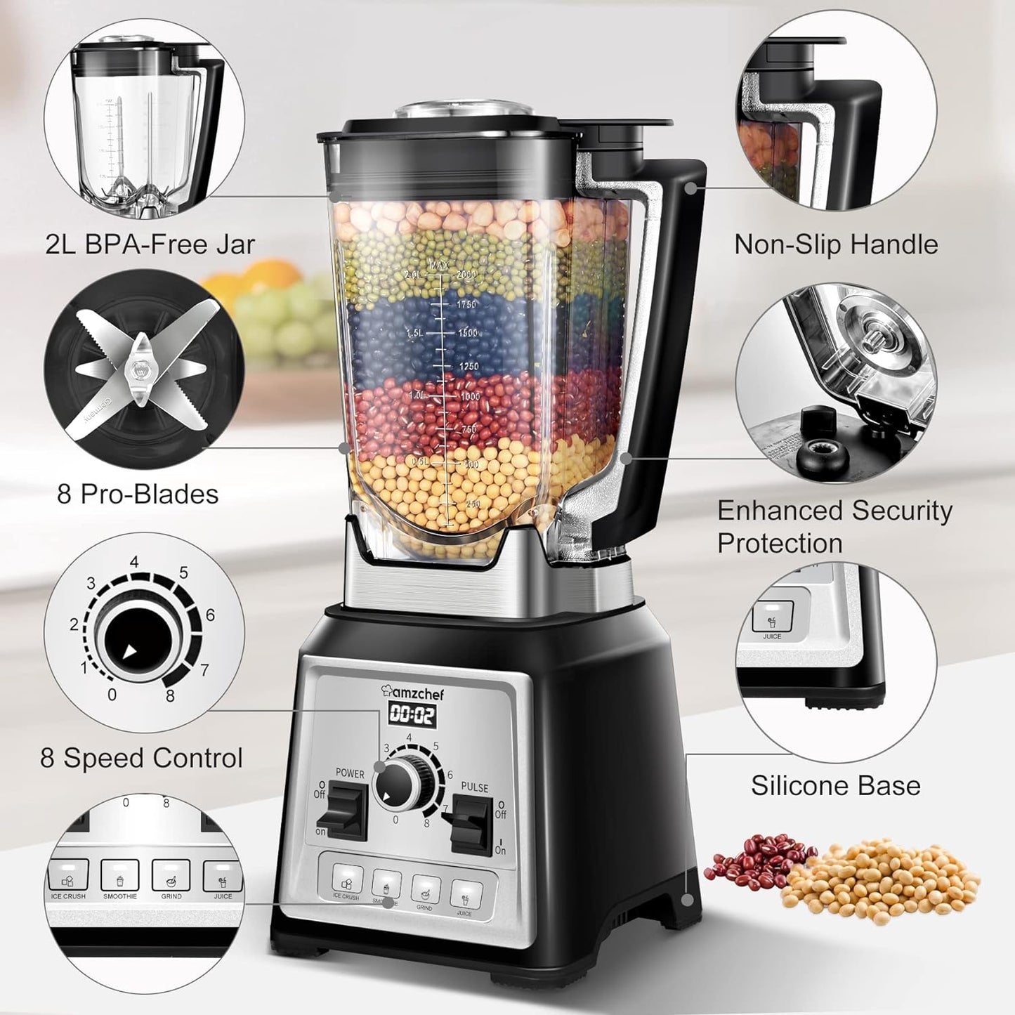 Professional Blender By AMZCHEF 2000W, Multifunction Blender for Smoothies with 4 Preset Programs and 8 Adjustable Speeds, 25000 turn/min, 2 Liter, BPA Free, Recipe [Energy efficiency class A +++]