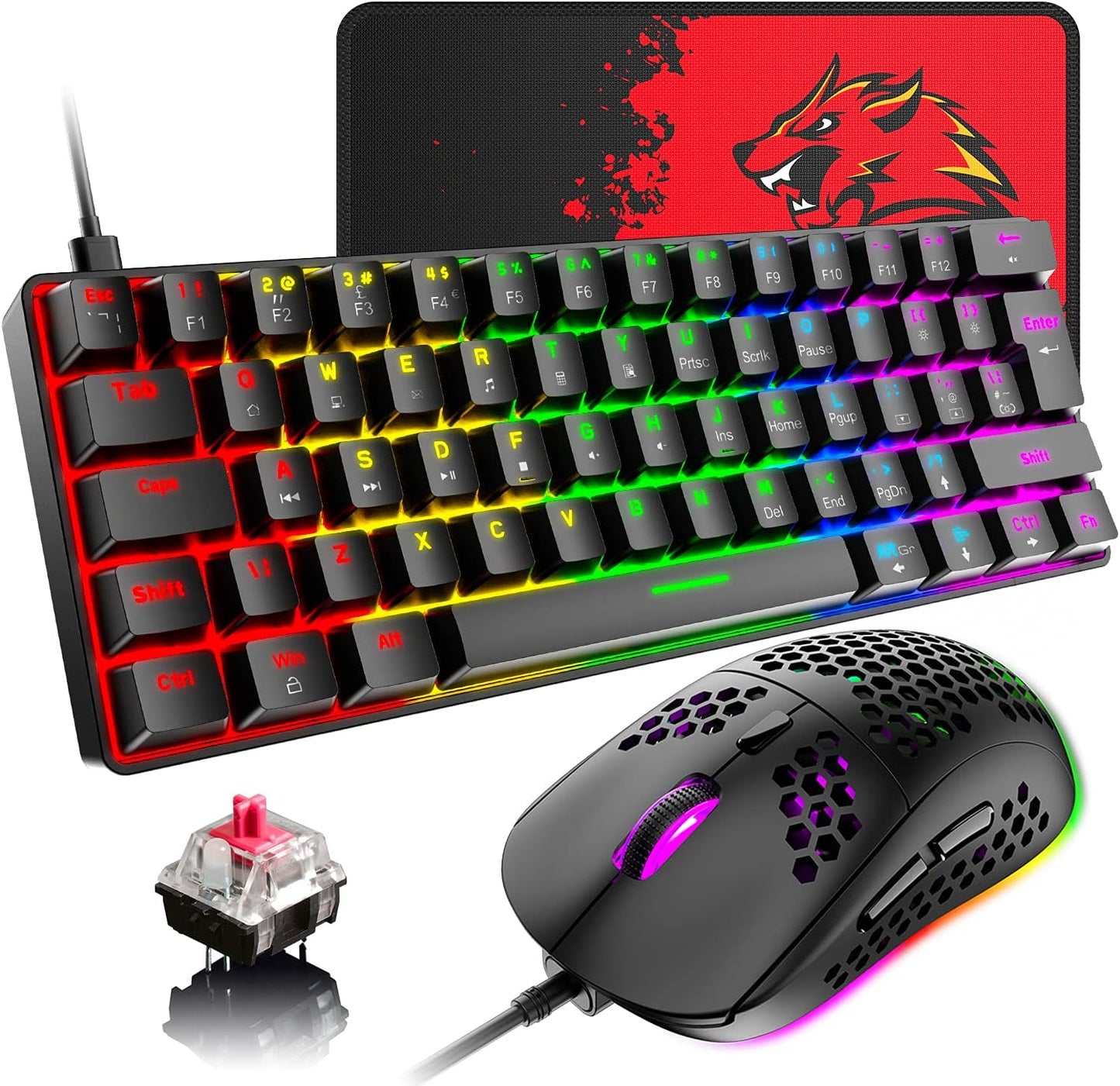 Keyboard, 60% Wired Mechanical Gaming Keyboard and Mouse Combo,Ultra-Compact Mini 62 Keys,Type C Chroma 20 Rainbow Backlit Effects,RGB Backlit 6400 DPI Lightweight Gaming Mouse with Honeycomb Shell for PC/Mac