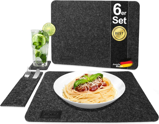 Saltibo 18 piece place setting | table setting | placemat | placemats | cutlery sleeves | felt coaster | anthracite | non-slip | washable | informal & formal DARK GREY