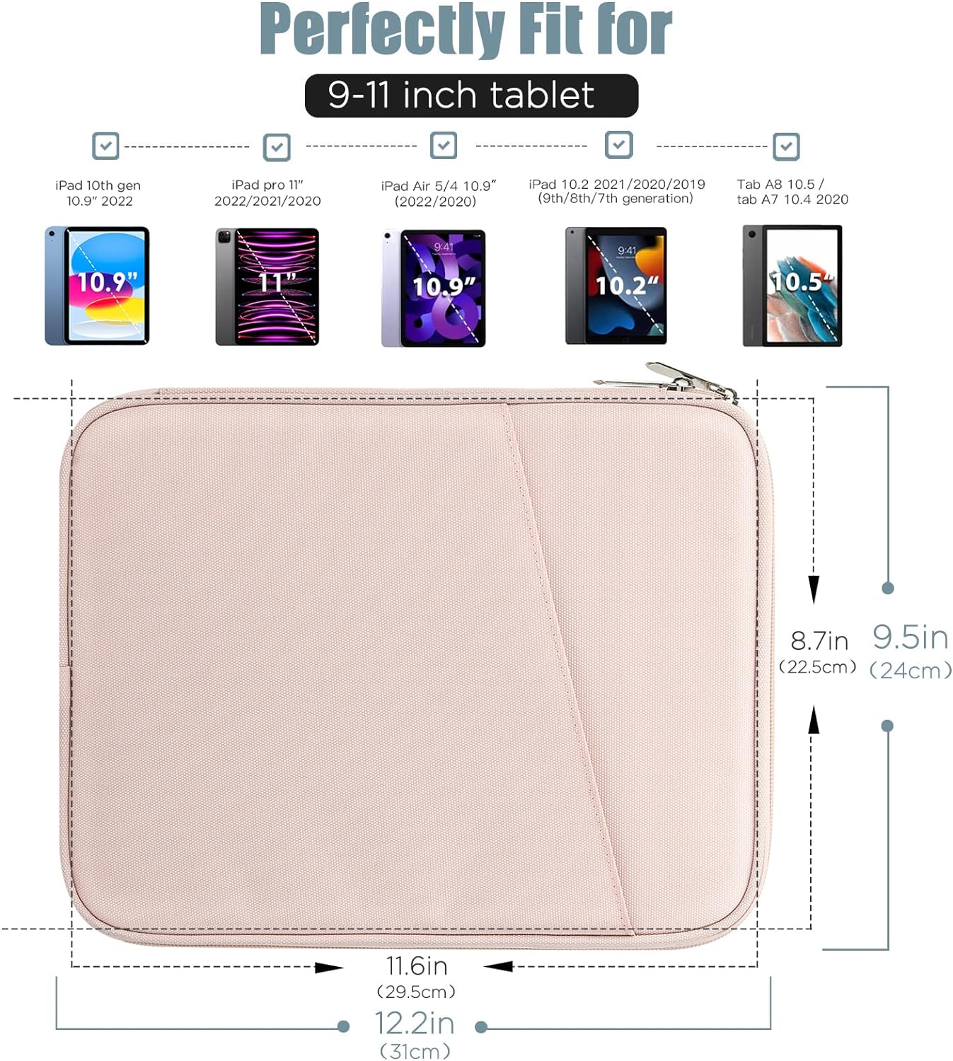 9-11 Inch Tablet Sleeve for iPad 10.2 2021-2019, iPad 10th Generation 2022, iPad Air 5/4 10.9, iPad Pro 11 2022-2018, Galaxy Tab S9/S8/A8/A7 2023, Protective Case with Pocket, Pink