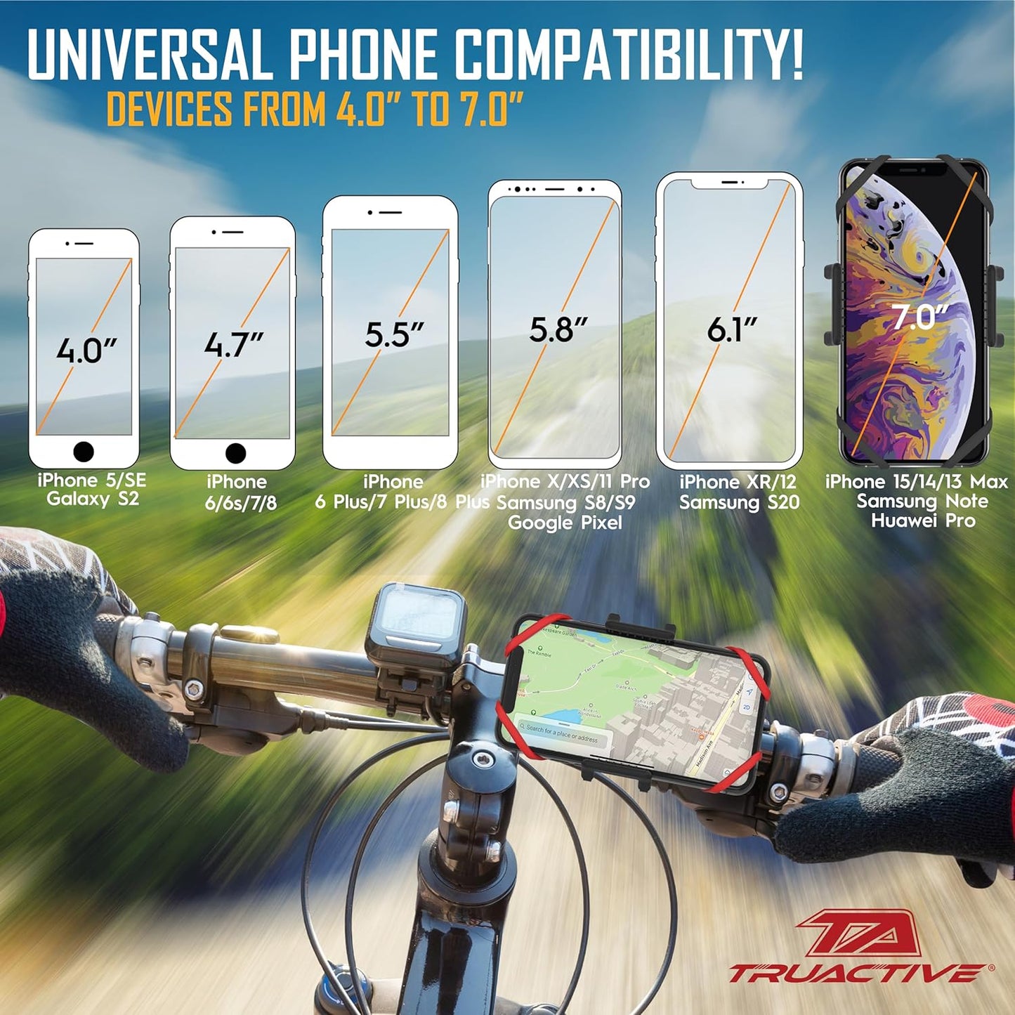 Bike Phone Holder by TruActive, Motorbike Phone Holder, Phone Holder for Bike, Motorcycle Phone Mount, 6 Colour Bands, Cycling Handlebar Bag, Universal Handlebar and Phone, Tool Free