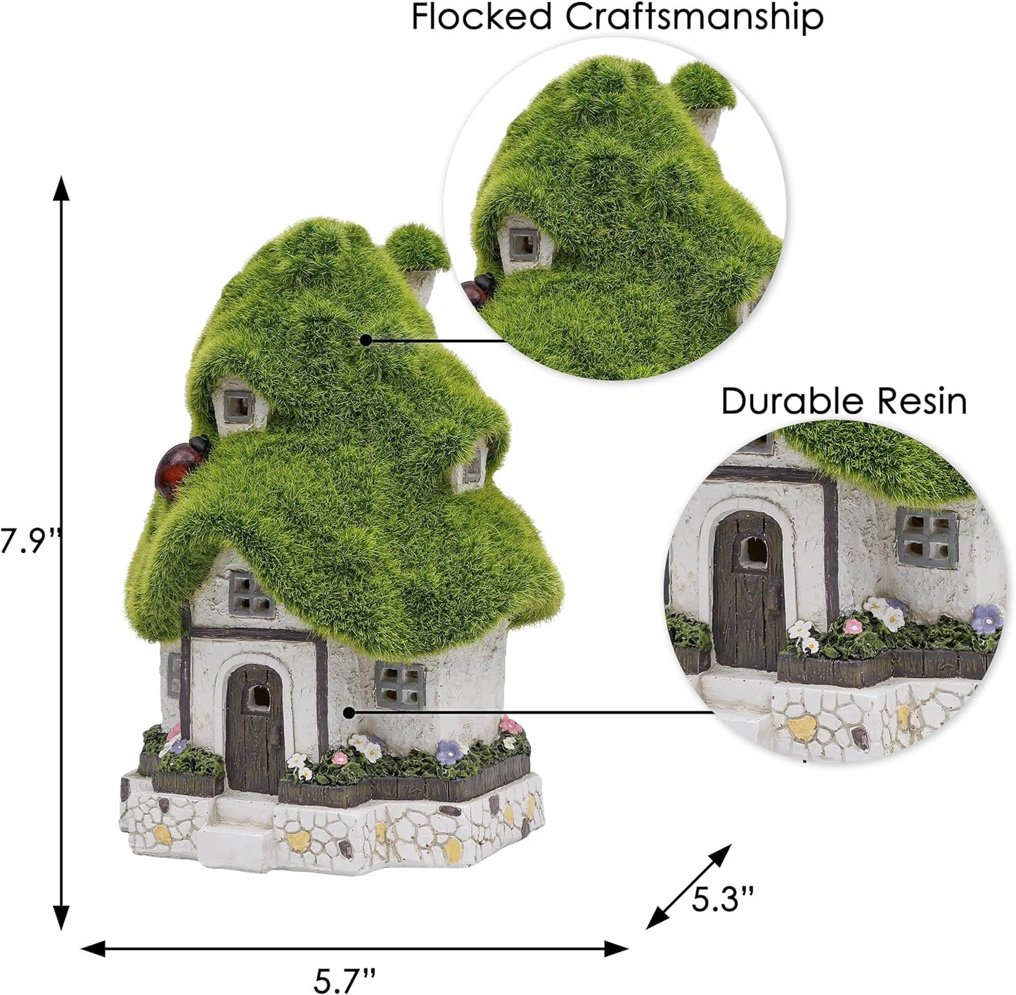 Flocked Fairy House Garden,  Ornaments Outdoor with Solar Lights, Waterproof Resin Garden Statues Cottage Figurines for Patio Lawn Yard Decorations, 20cm