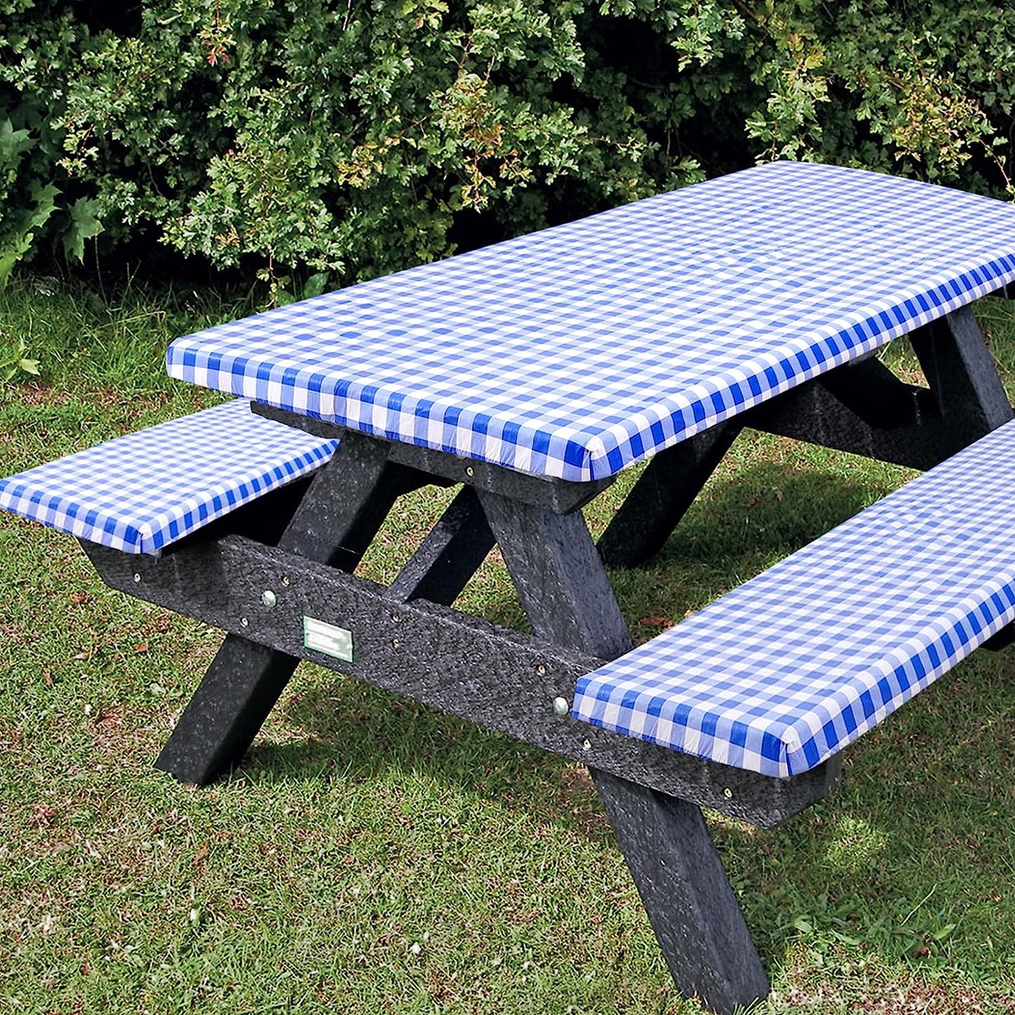 Table Cover for Picnic with Bench Covers, 3 Pieces Waterproof Camping Picnic Tablecloth Cover with Elastic Edge for Indoor/Outdoor/Patio, 6ft Rectangular Vinyl Picnic Table Cover, Blue