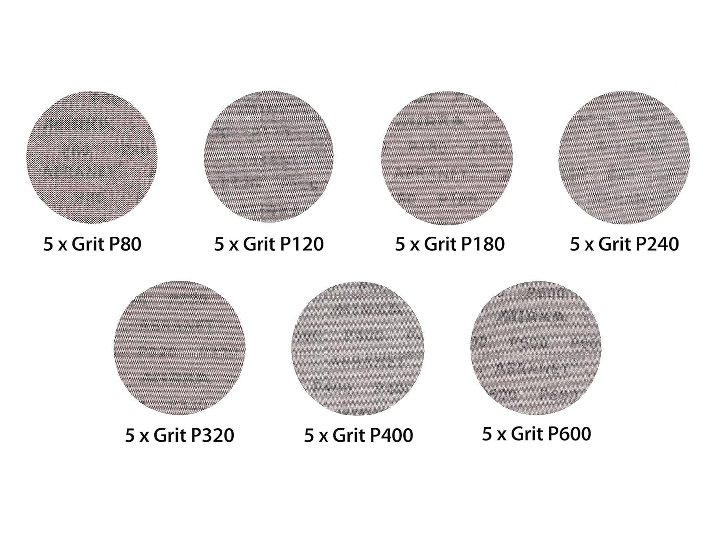 Mirka Abranet net sanding discs 125 mm Grip / Mix-pack 5 pcs of each grit size 80, 120, 180, 240, 320, 400, 600 / 35 pcs / For all 125 mm orbital sanders and grinders